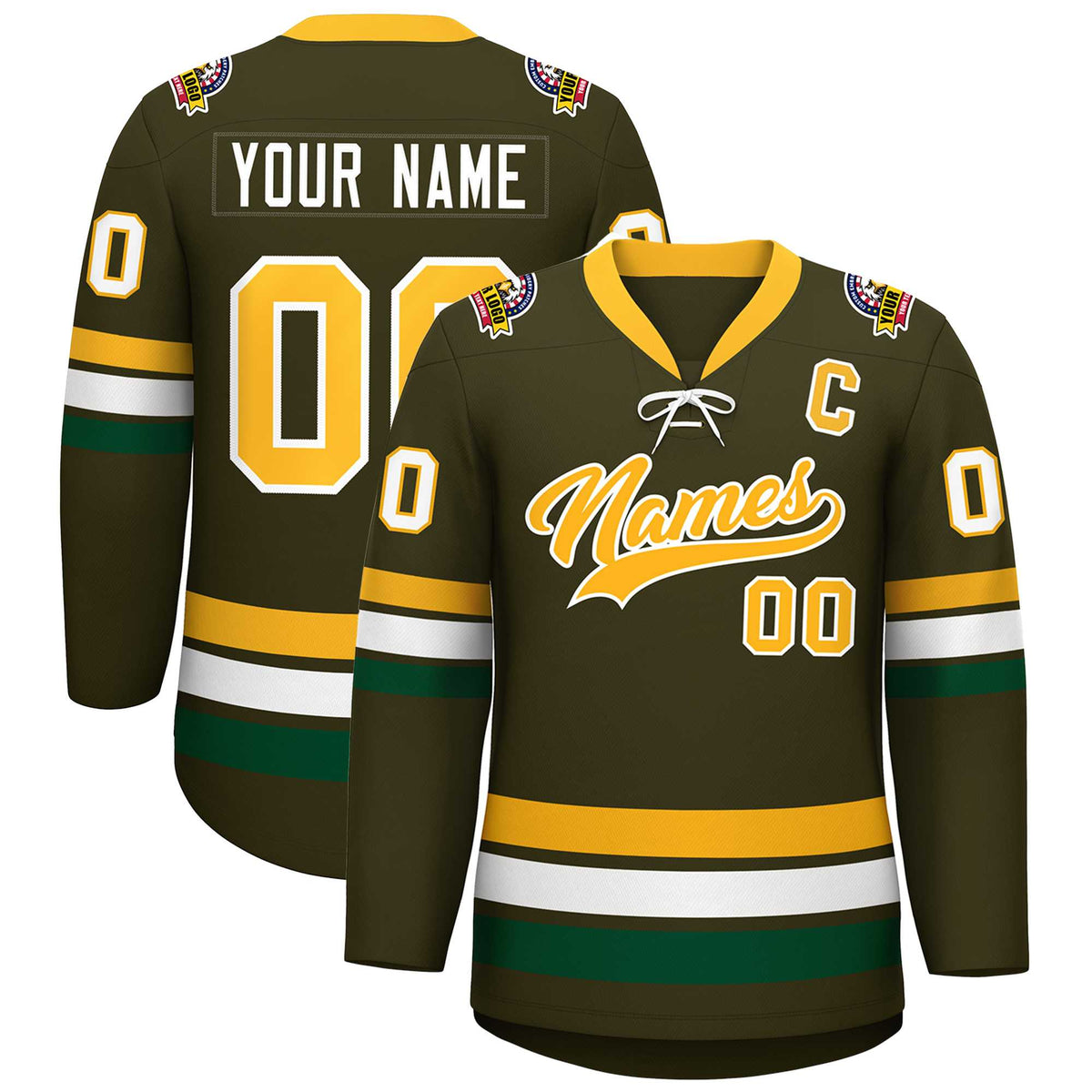 Custom Olive Yellow-White Lace-Up Neck Hockey Jersey | KXKSHOP