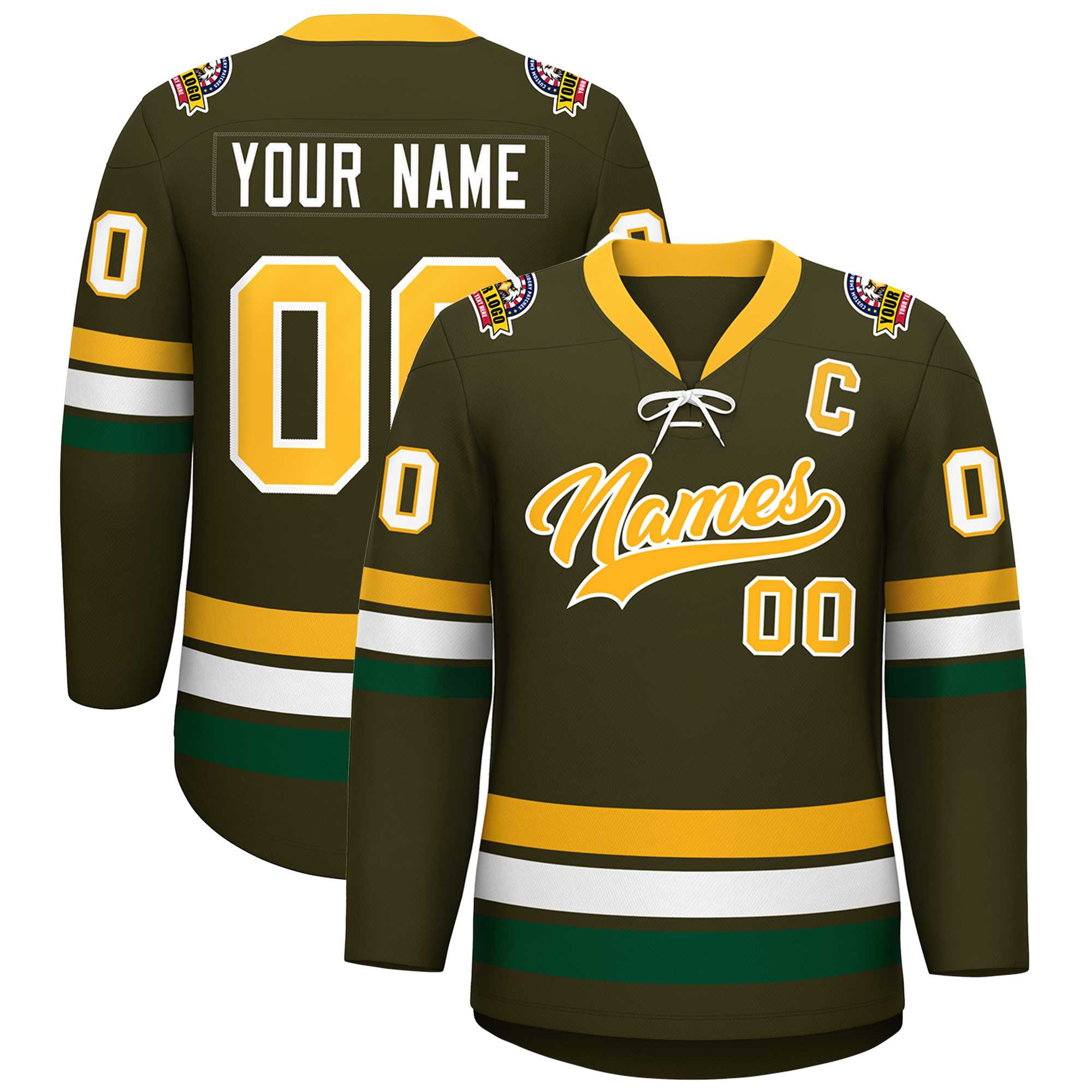 Custom Olive Yellow-White Lace-Up Neck Hockey Jersey | KXKSHOP