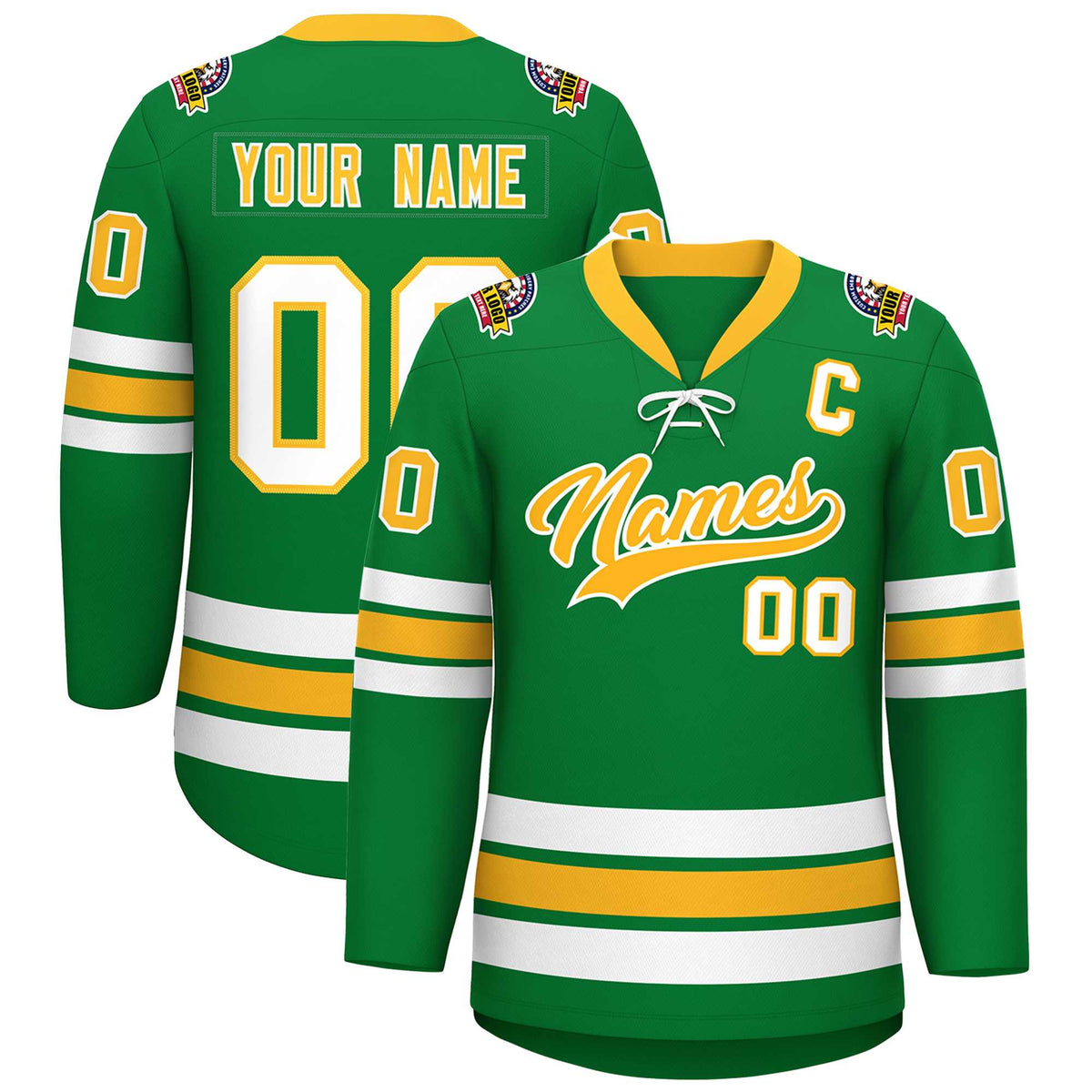 Custom Kelly Green Yellow-White Lace-Up Neck Hockey Jersey | KXKSHOP