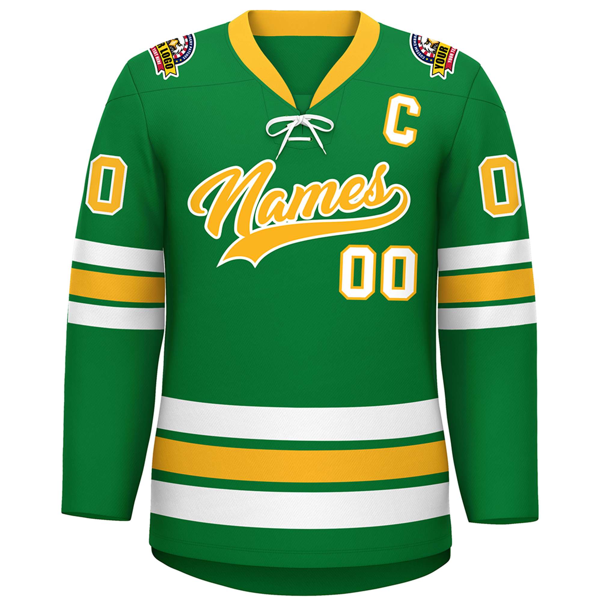 Custom Kelly Green Yellow-White Lace-Up Neck Hockey Jersey | KXKSHOP