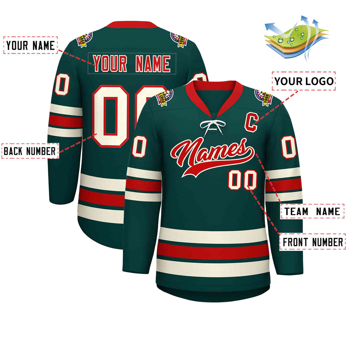 Custom Midnight Green Red-Cream Lace-Up Neck Hockey Jersey | KXKSHOP