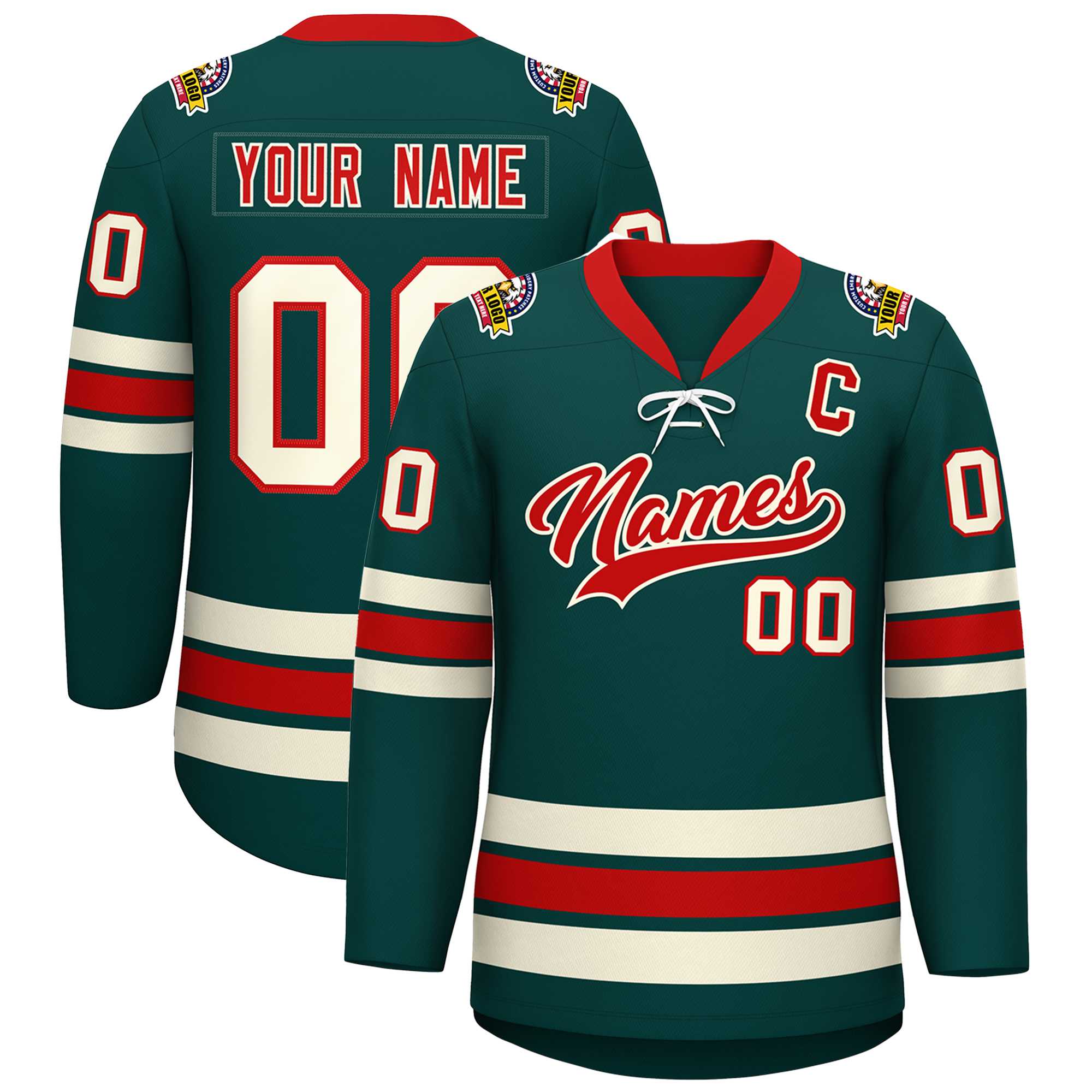 Custom Midnight Green Red-Cream Lace-Up Neck Hockey Jersey | KXKSHOP