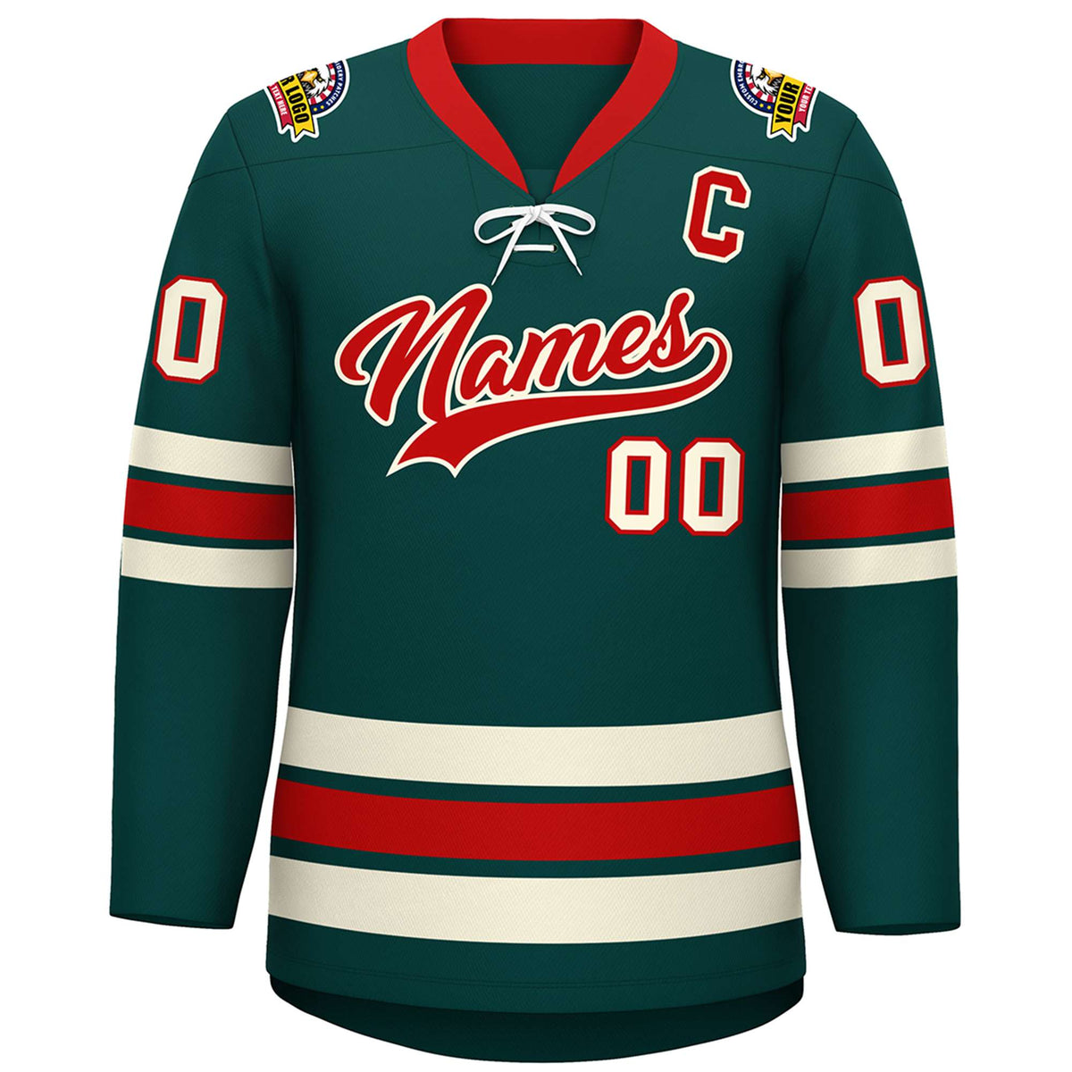 Custom Midnight Green Red-Cream Lace-Up Neck Hockey Jersey | KXKSHOP