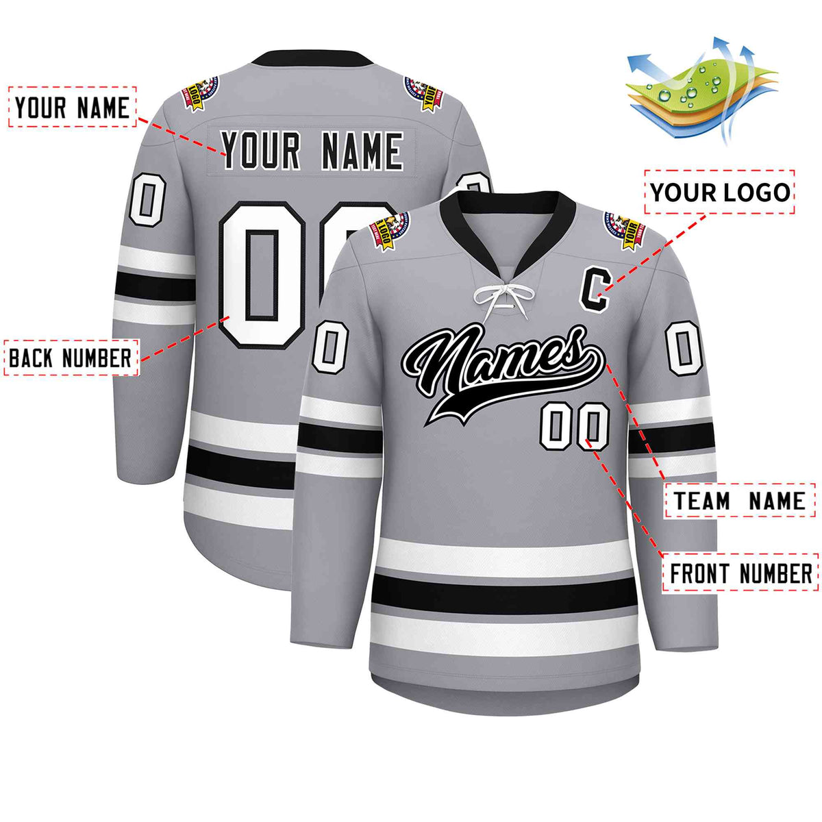 Custom Gray Black-White Lace-Up Neck Hockey Jersey | KXKSHOP