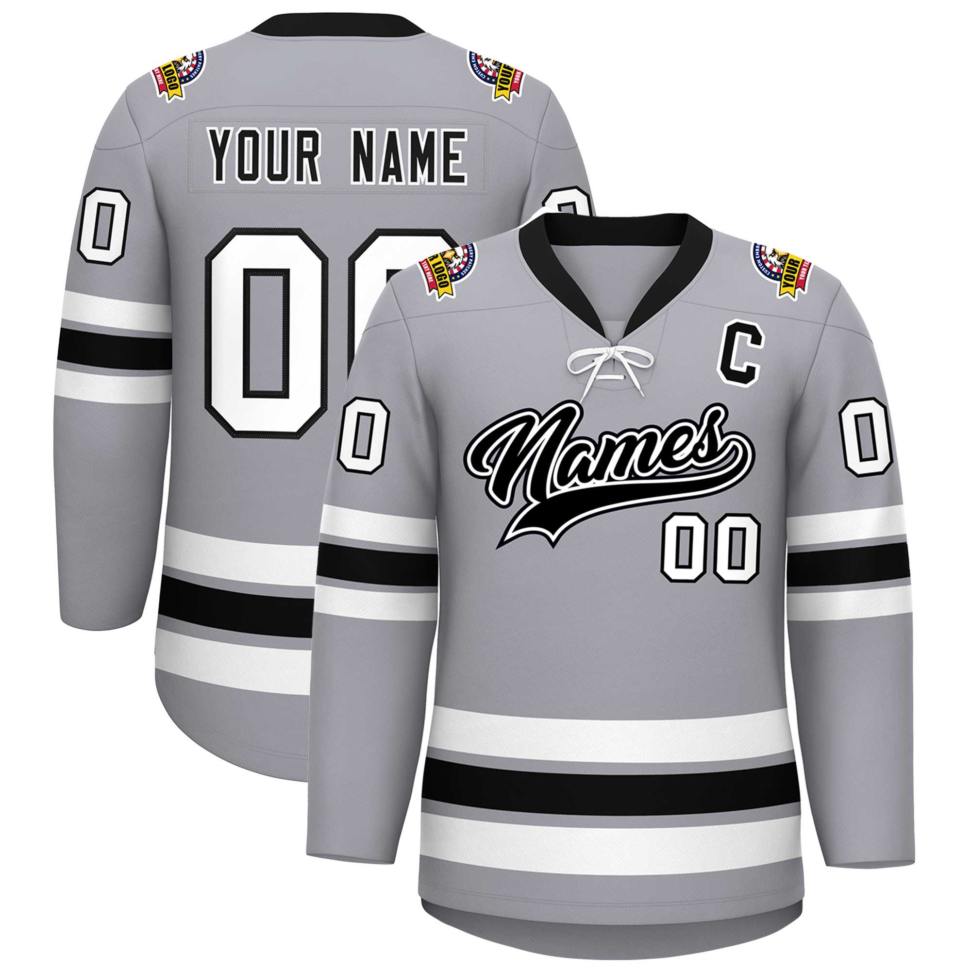 Custom Gray Black-White Lace-Up Neck Hockey Jersey | KXKSHOP