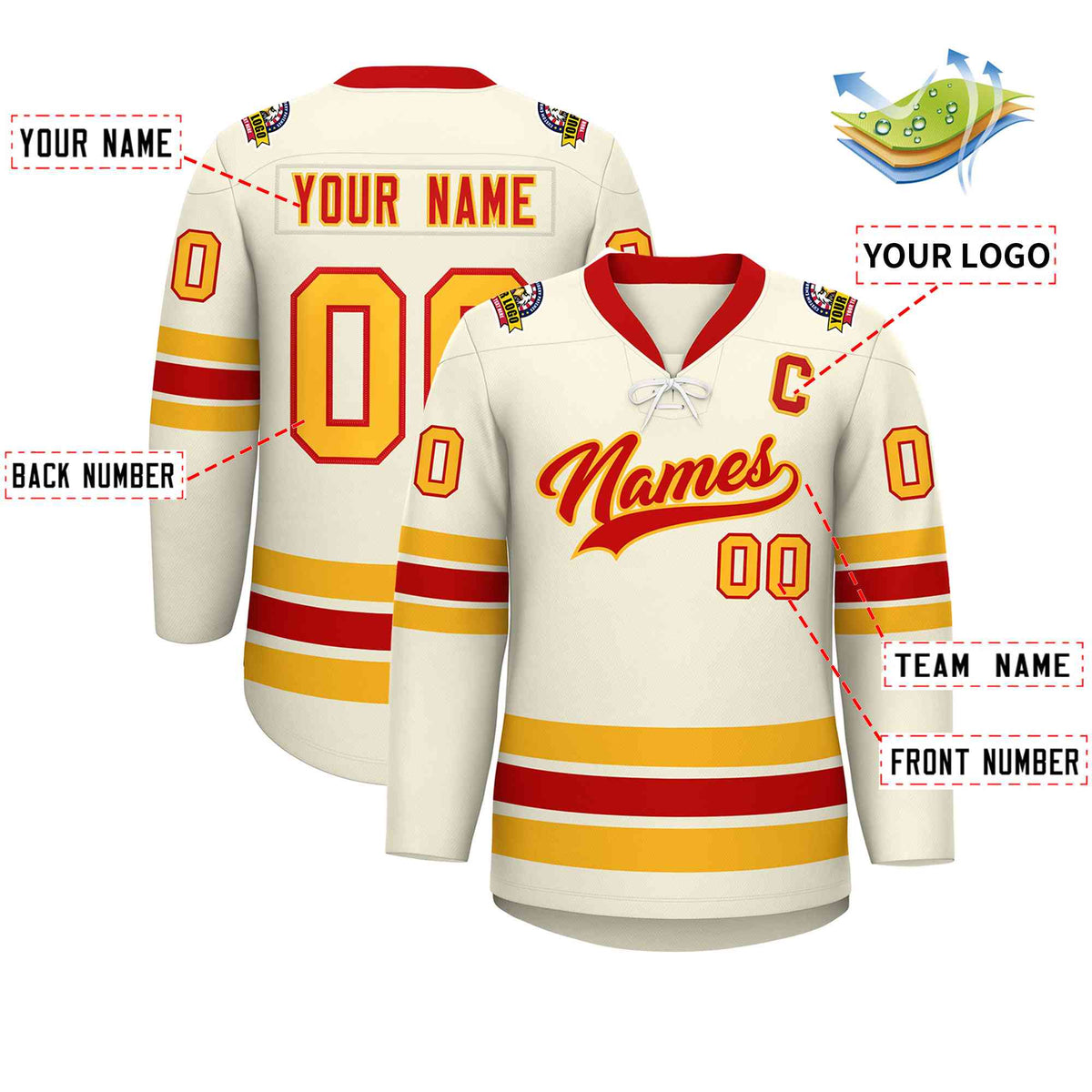 Custom Cream Red-Yellow Lace-Up Neck Hockey Jersey | KXKSHOP