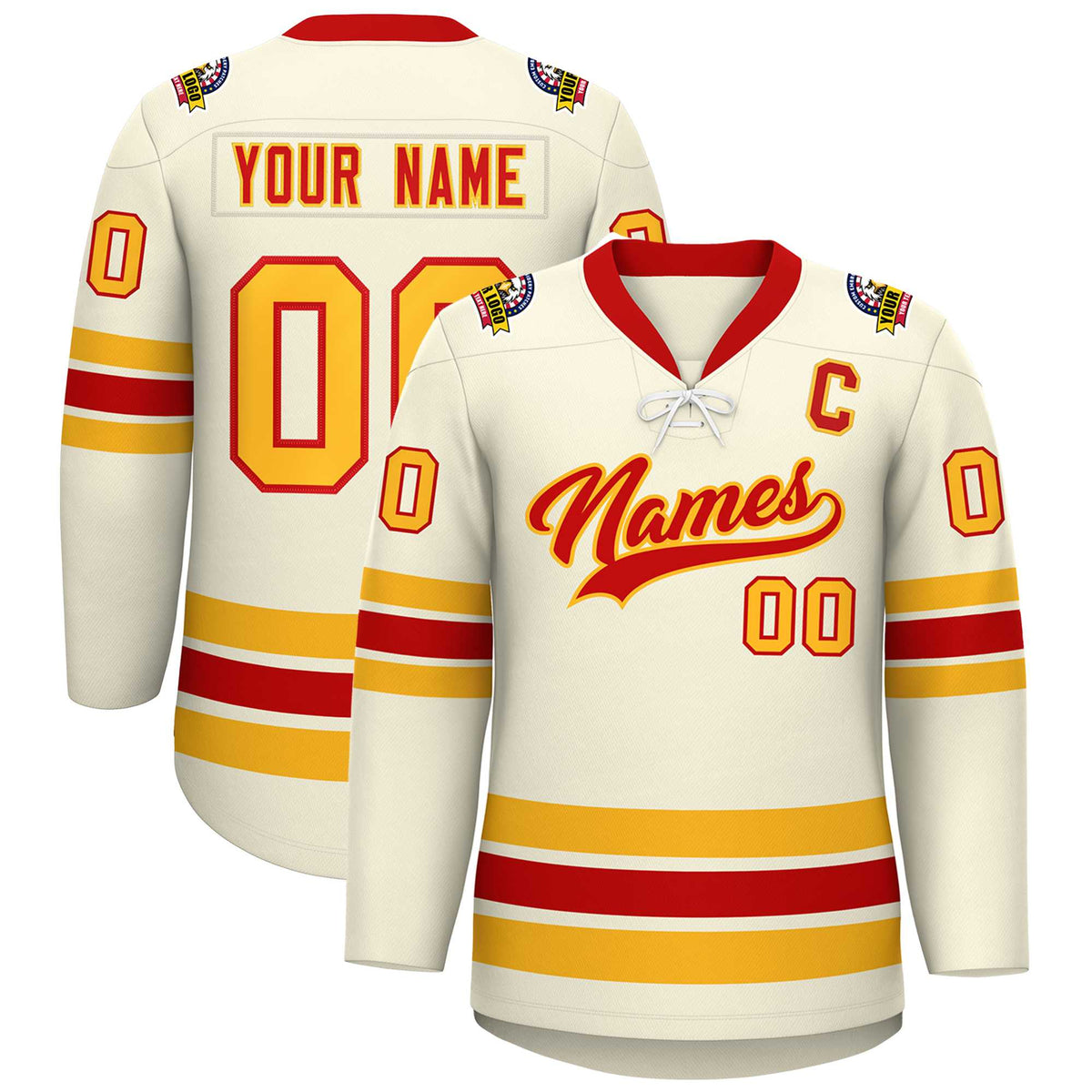 Custom Cream Red-Yellow Lace-Up Neck Hockey Jersey | KXKSHOP