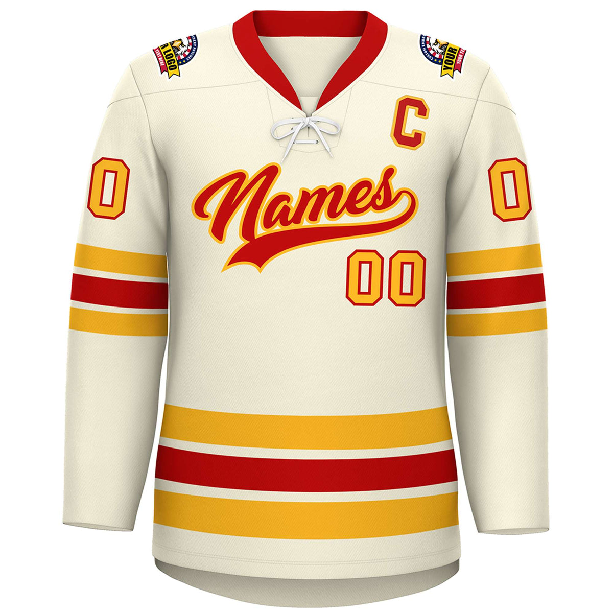Custom Cream Red-Yellow Lace-Up Neck Hockey Jersey | KXKSHOP