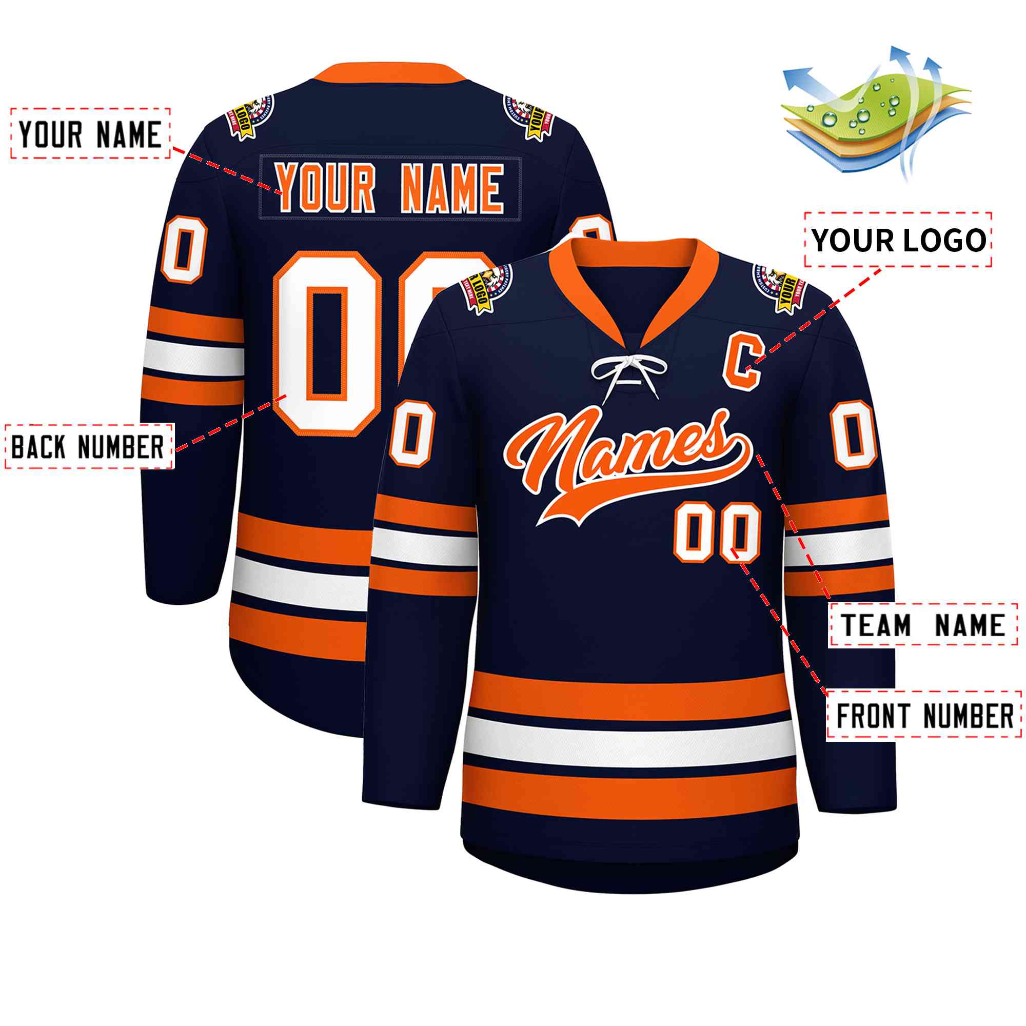 Custom Navy Orange-White Lace-Up Neck Hockey Jersey | KXKSHOP