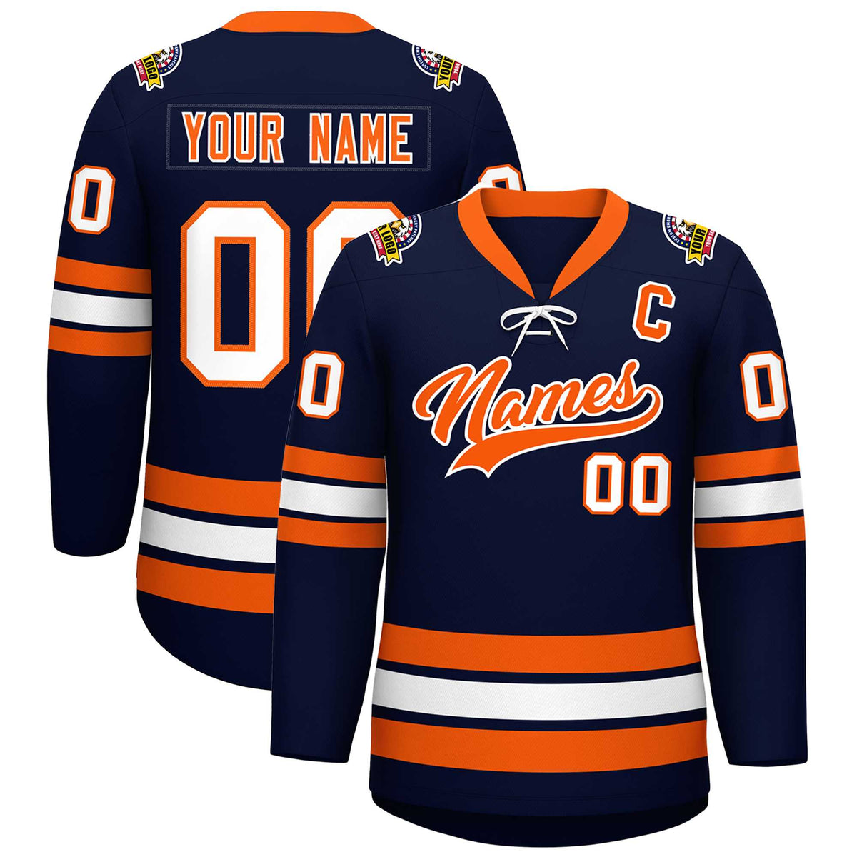 Custom Navy Orange-White Lace-Up Neck Hockey Jersey | KXKSHOP