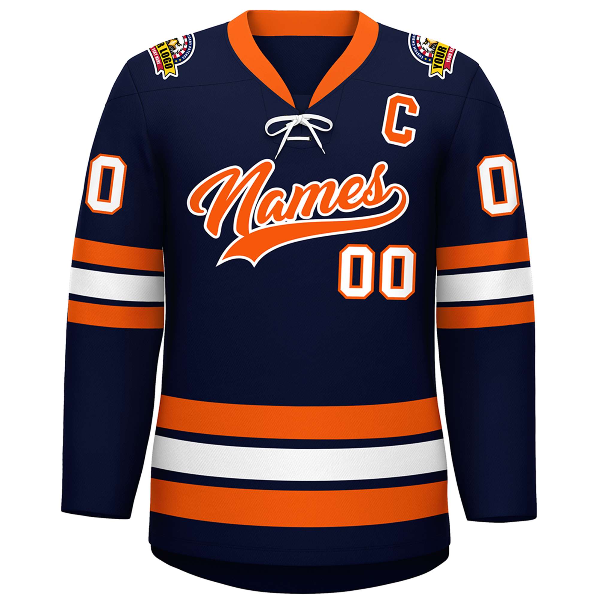Custom Navy Orange-White Lace-Up Neck Hockey Jersey | KXKSHOP