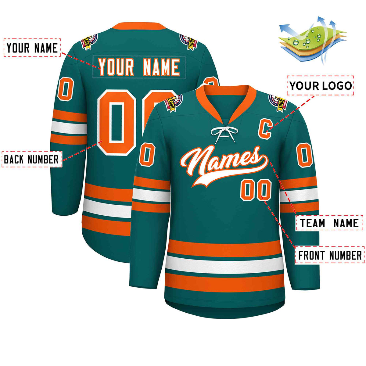 Custom Aqua White-Orange Lace-Up Neck Hockey Jersey | KXKSHOP