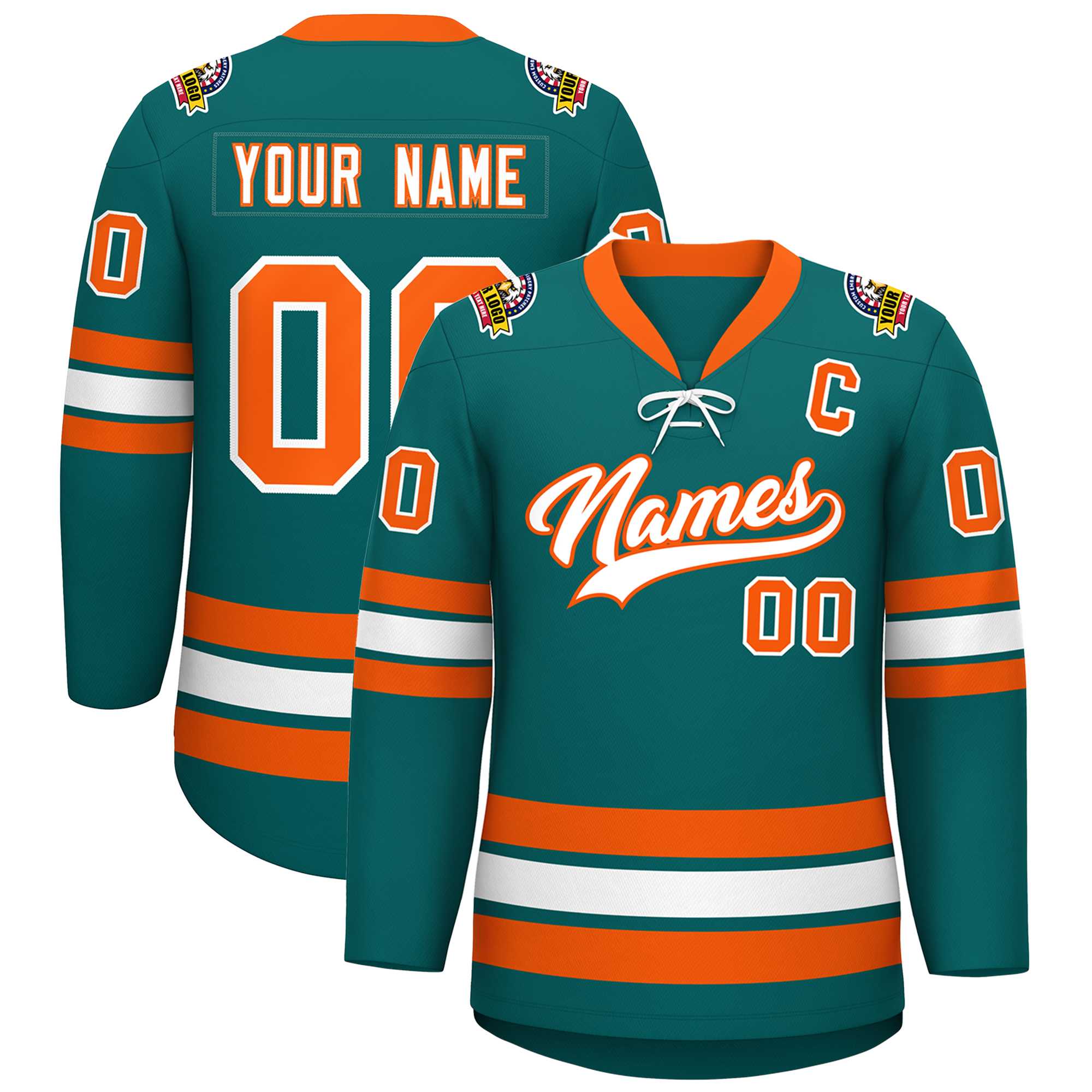 Custom Aqua White-Orange Lace-Up Neck Hockey Jersey | KXKSHOP