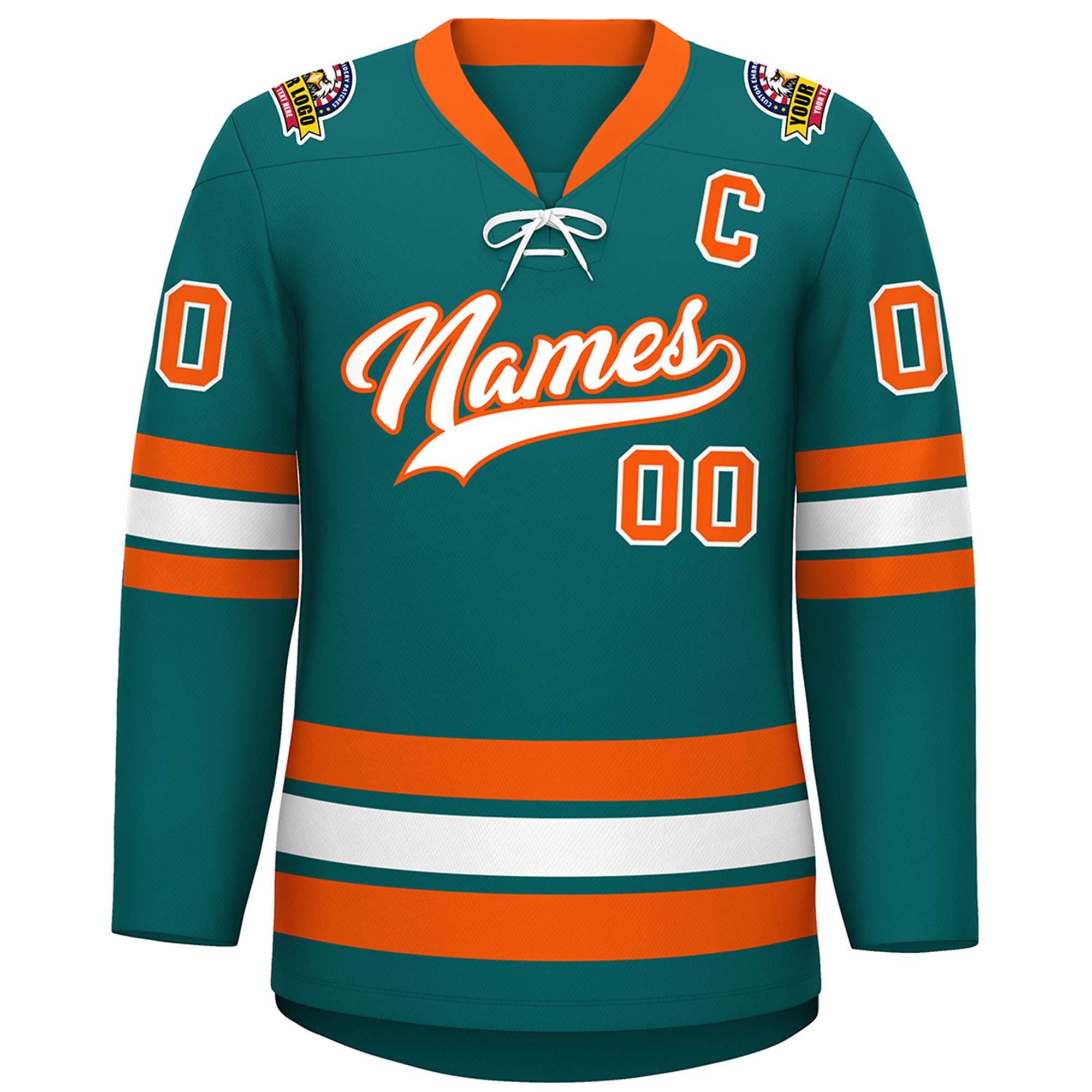 Custom Aqua White-Orange Lace-Up Neck Hockey Jersey | KXKSHOP
