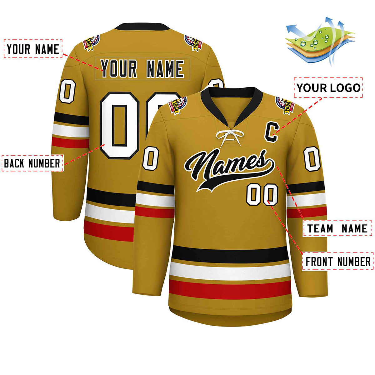 Custom Old Gold Black-White Lace-Up Neck Hockey Jersey | KXKSHOP