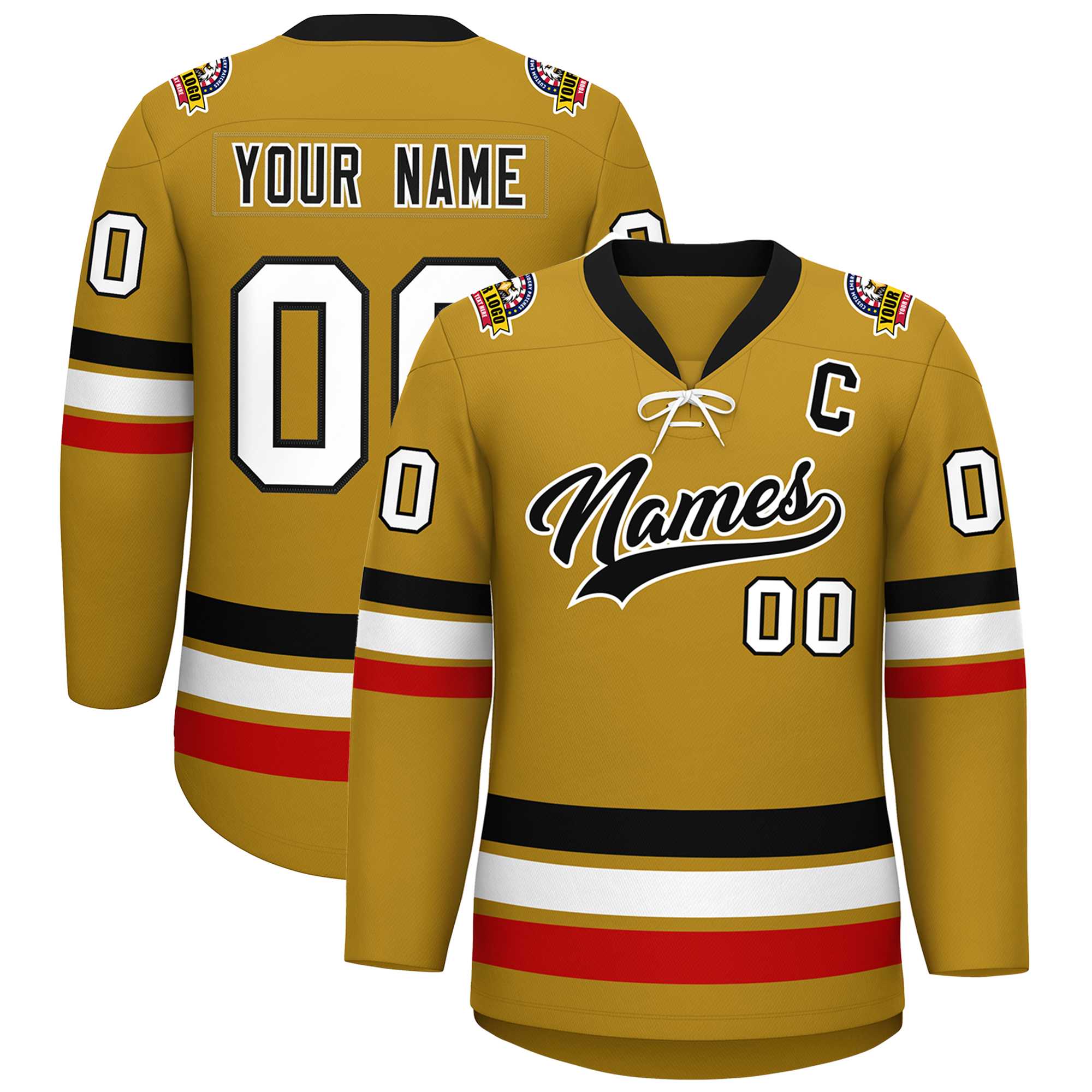 Custom Old Gold Black-White Lace-Up Neck Hockey Jersey | KXKSHOP