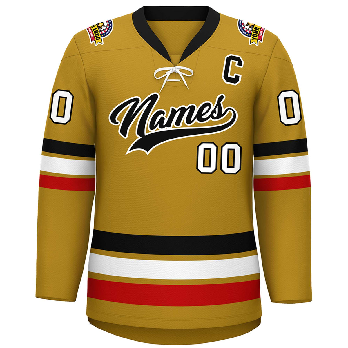 Custom Old Gold Black-White Lace-Up Neck Hockey Jersey | KXKSHOP