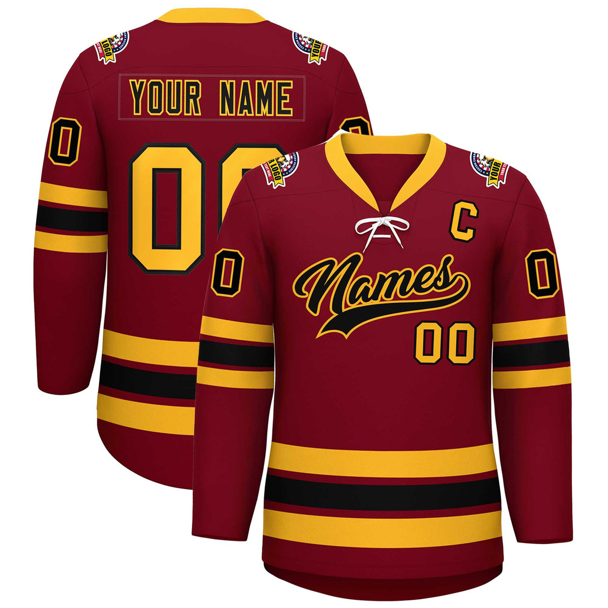 Custom Crimson Black-Yellow Lace-Up Neck Hockey Jersey | KXKSHOP