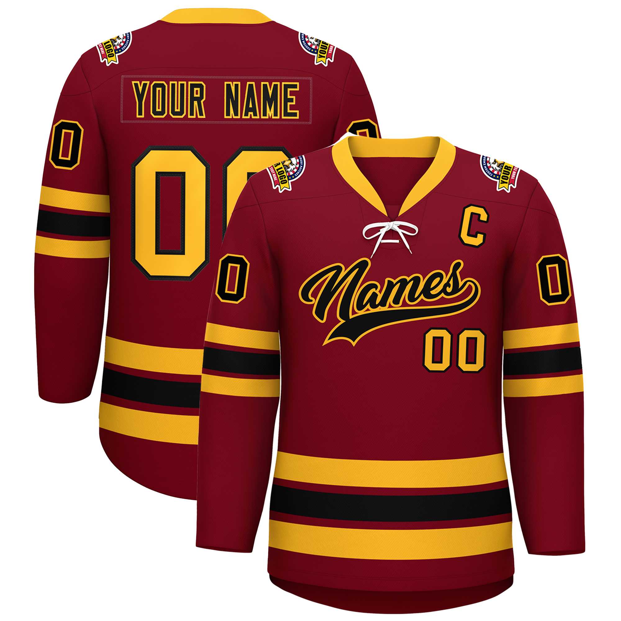 Custom Crimson Black-Yellow Lace-Up Neck Hockey Jersey | KXKSHOP