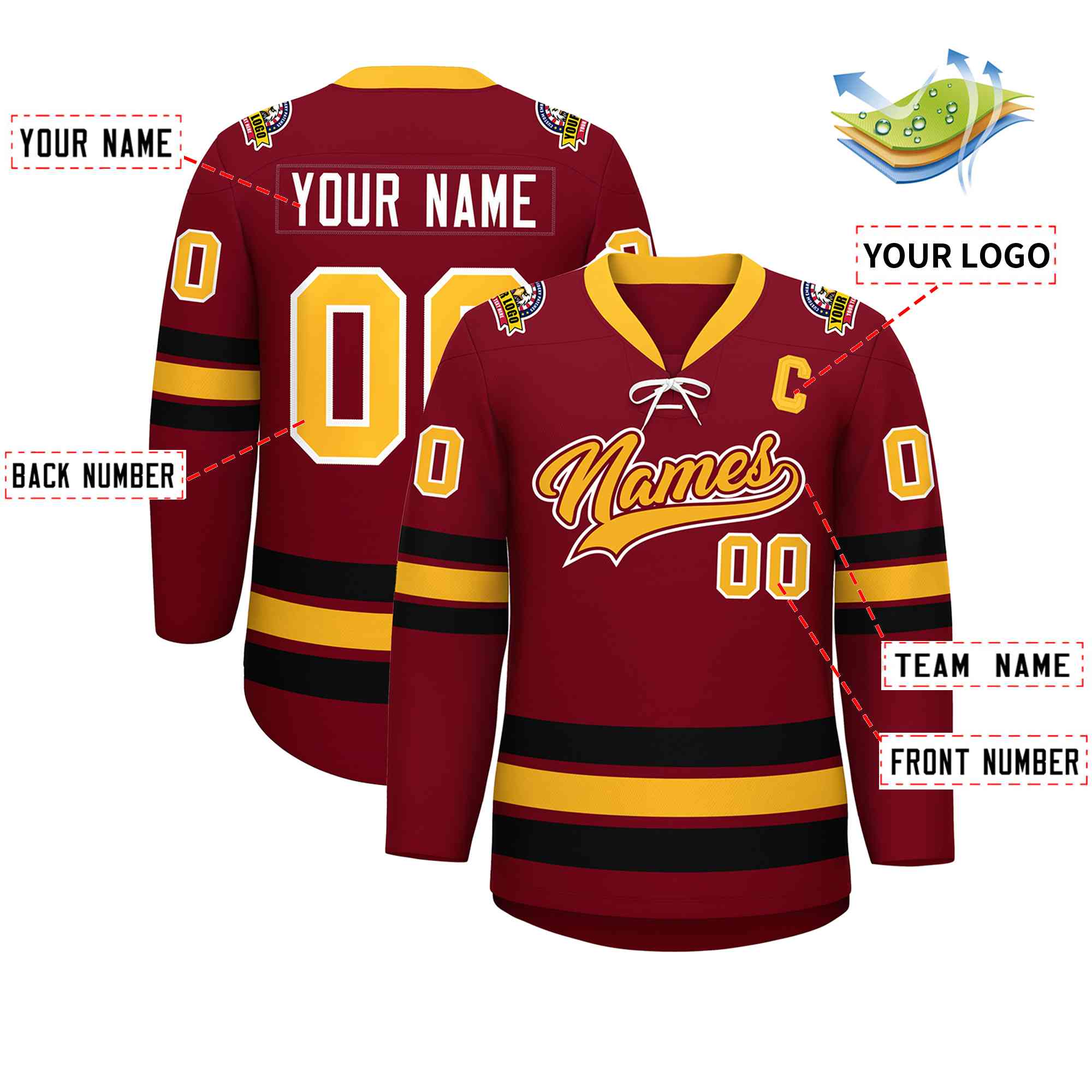 Custom Crimson Yellow-Black Lace-Up Neck Hockey Jersey | KXKSHOP