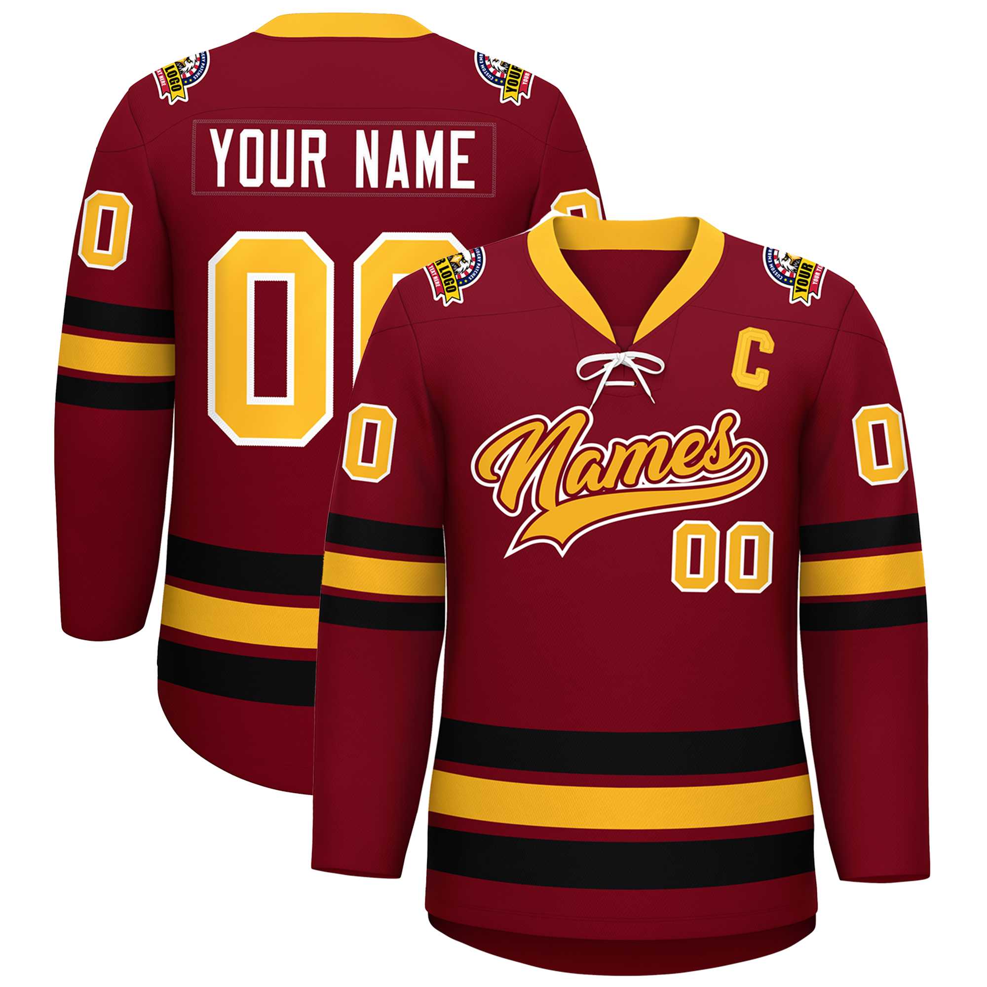 Custom Crimson Yellow-Black Lace-Up Neck Hockey Jersey | KXKSHOP