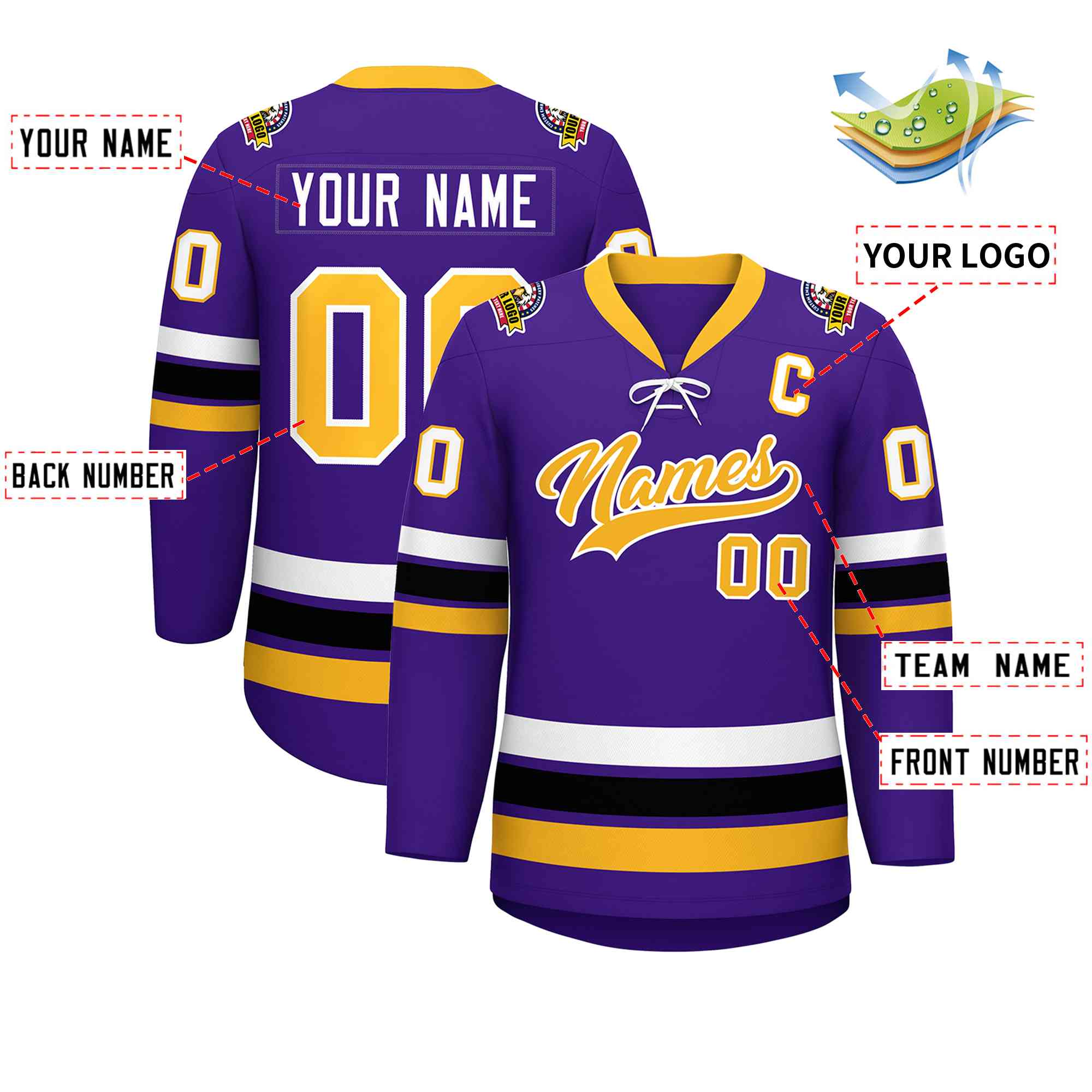 Custom Purple Yellow-White Lace-Up Neck Hockey Jersey | KXKSHOP