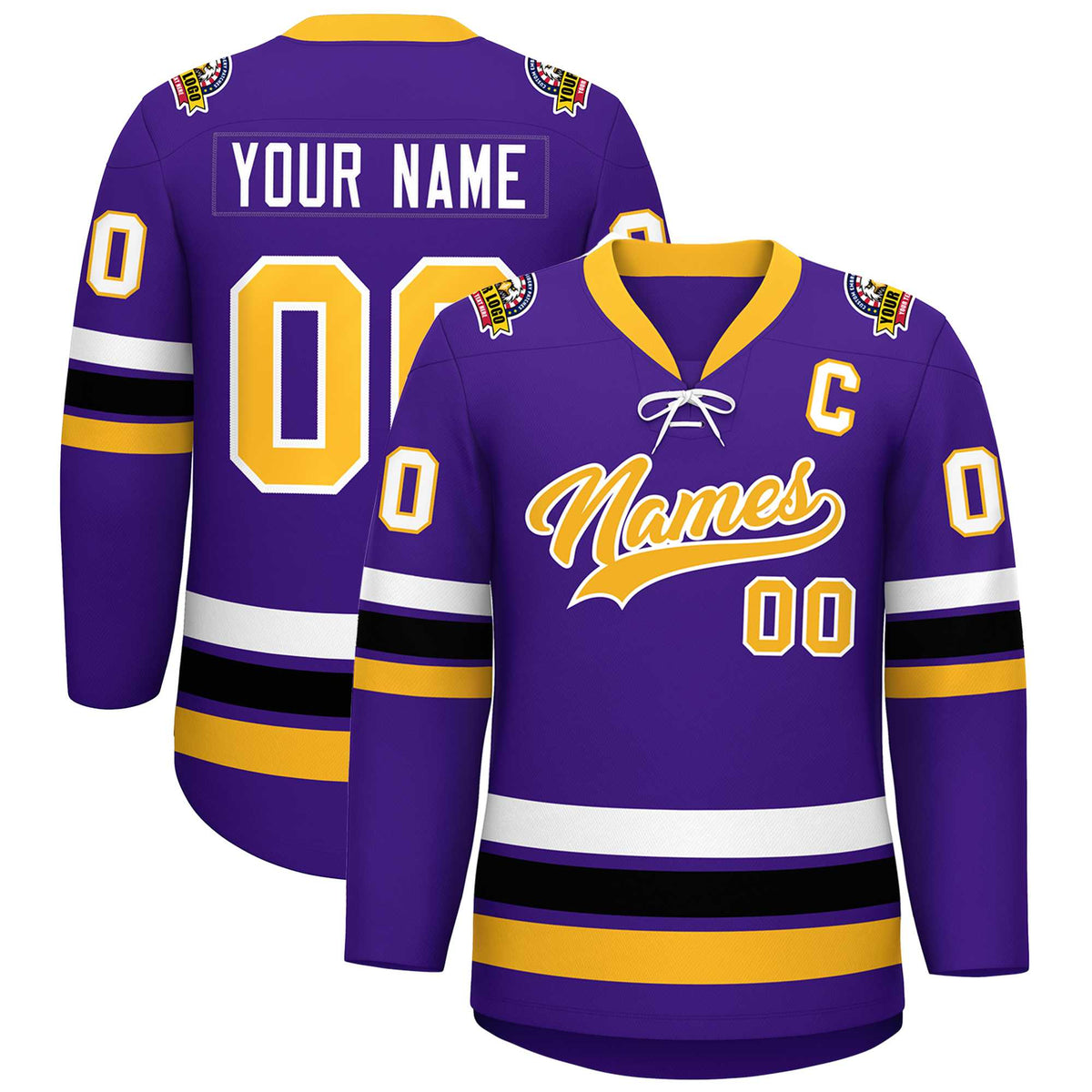 Custom Purple Yellow-White Lace-Up Neck Hockey Jersey | KXKSHOP