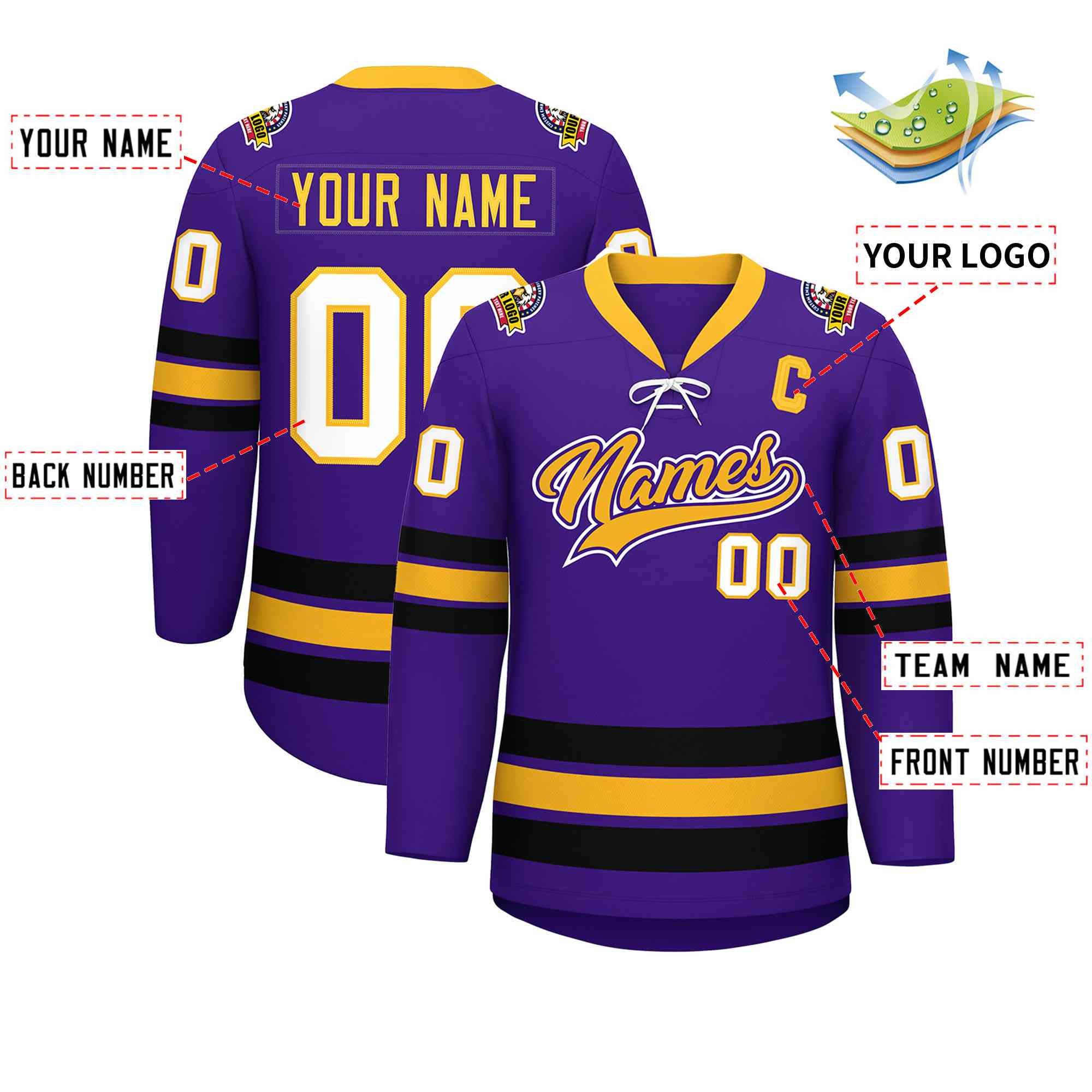 Custom Purple Yellow-Black Lace-Up Neck Hockey Jersey | KXKSHOP