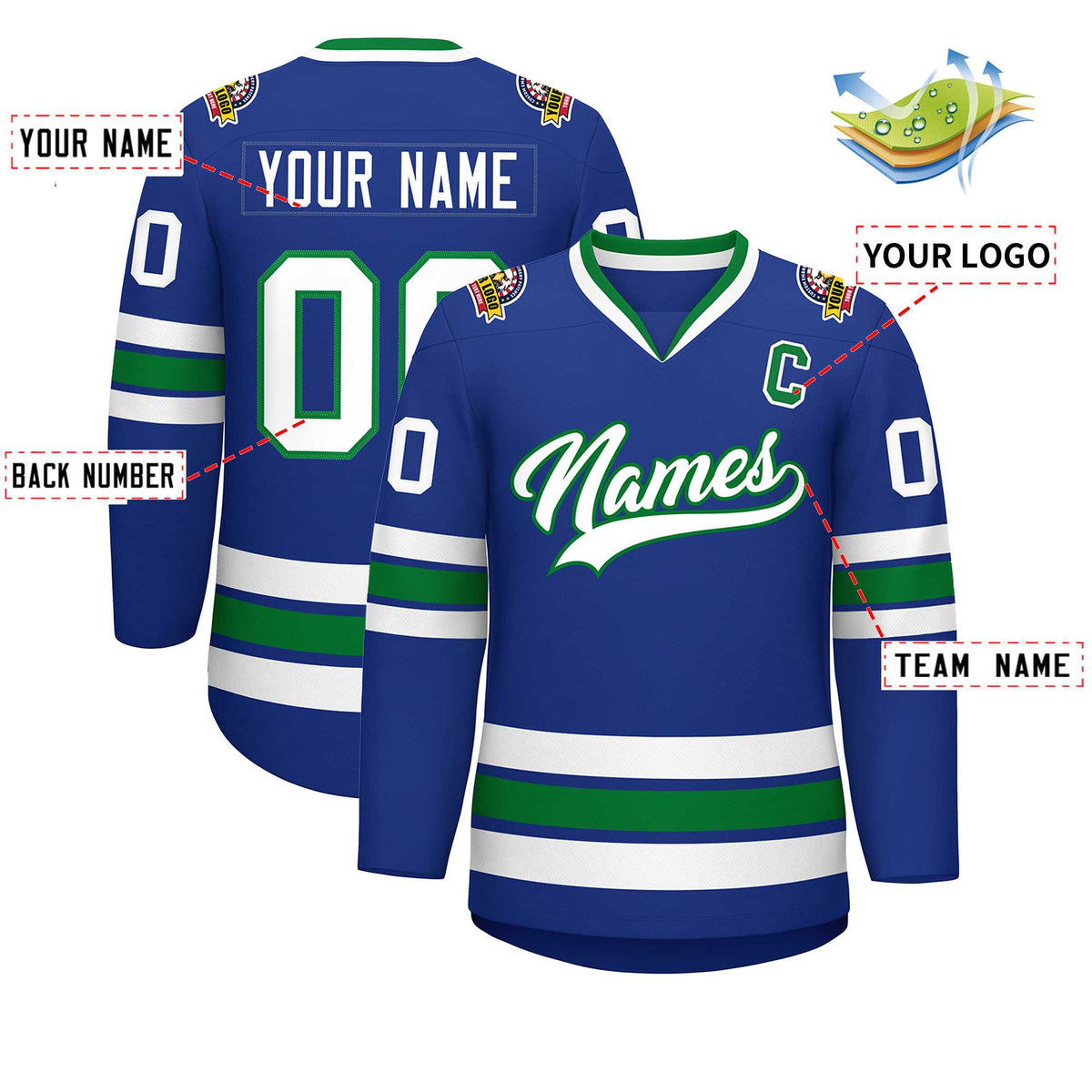 Custom Royal White-Kelly Green Classic Style Hockey Jersey | KXKSHOP