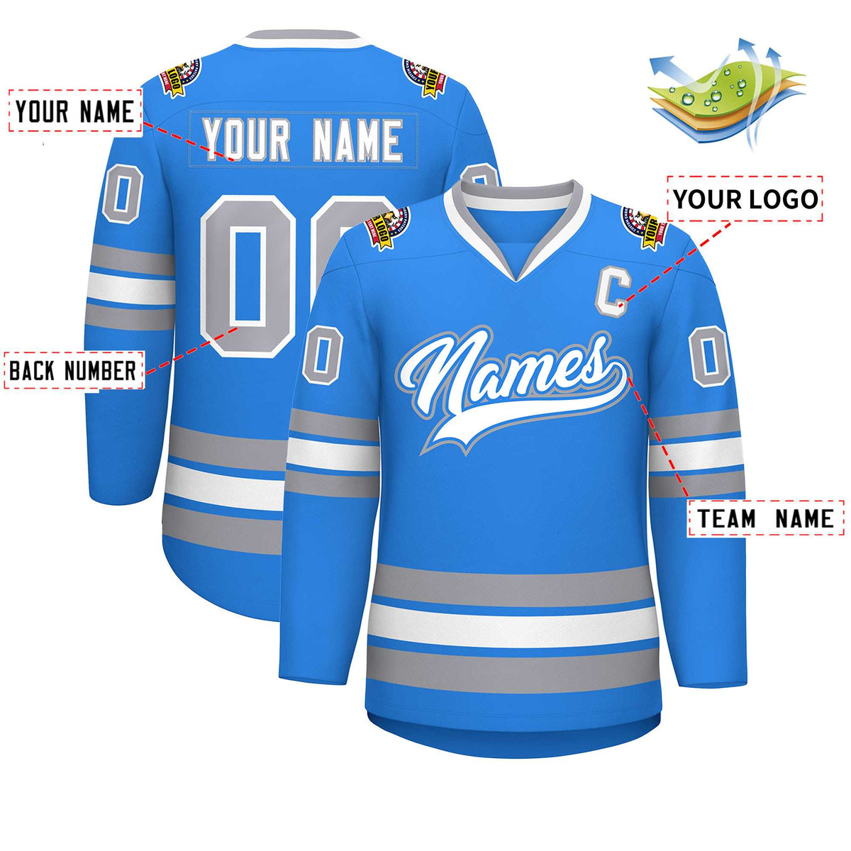 Custom Powder Blue White Powder Blue-Gray Classic Style Hockey Jersey | KXKSHOP
