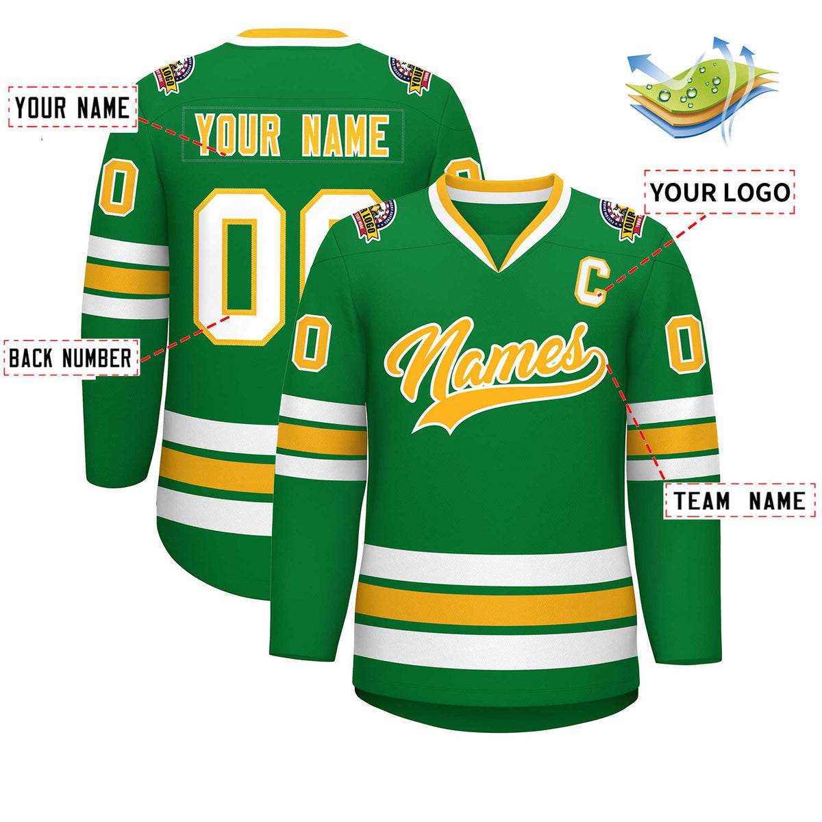 Custom Kelly Green Gold-White Classic Style Hockey Jersey | KXKSHOP