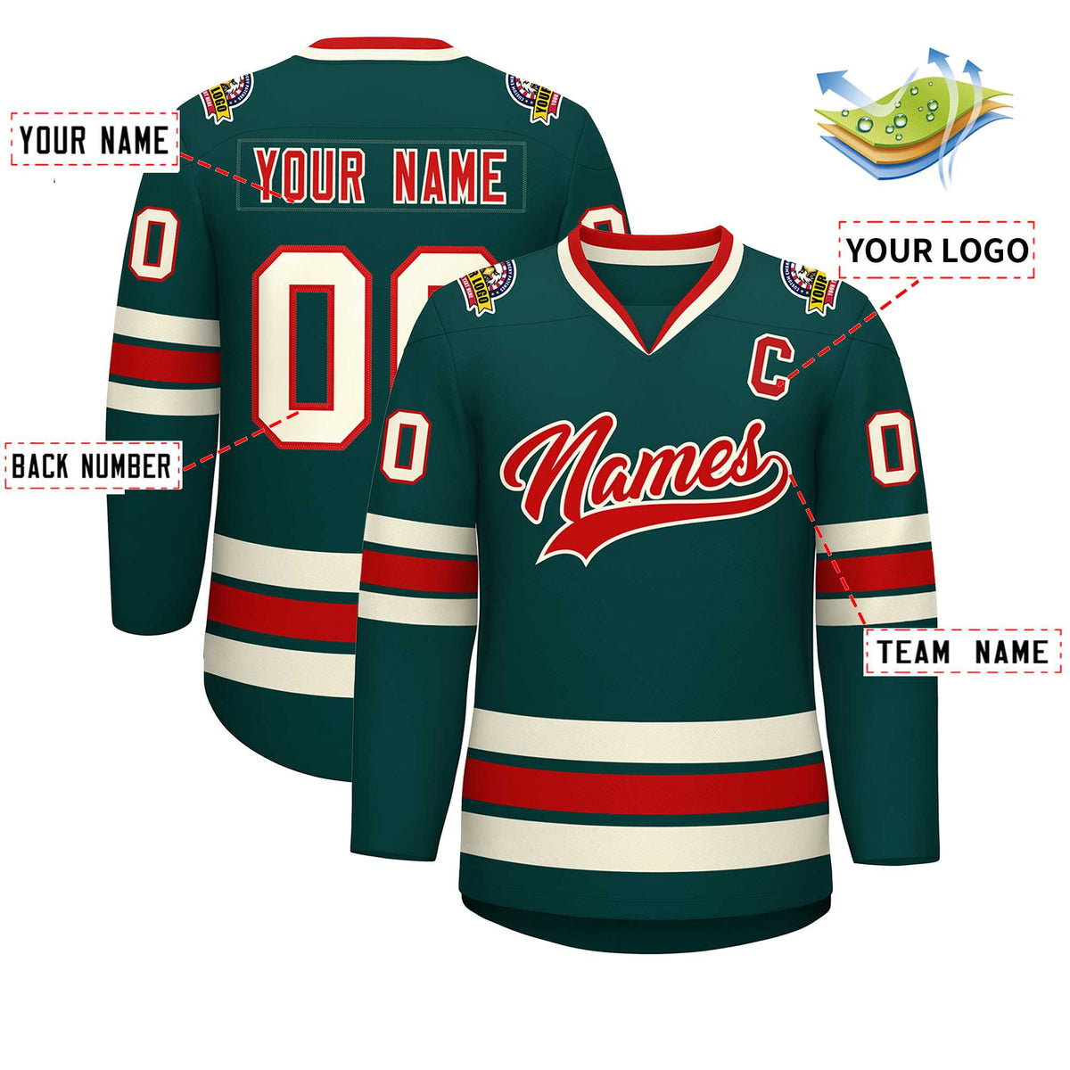 Custom Midnight Green Red-Khaki Classic Style Hockey Jersey | KXKSHOP