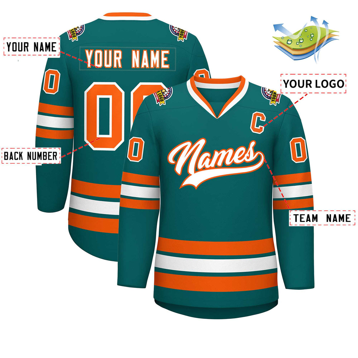 Custom Teal White-Orange Classic Style Hockey Jersey | KXKSHOP