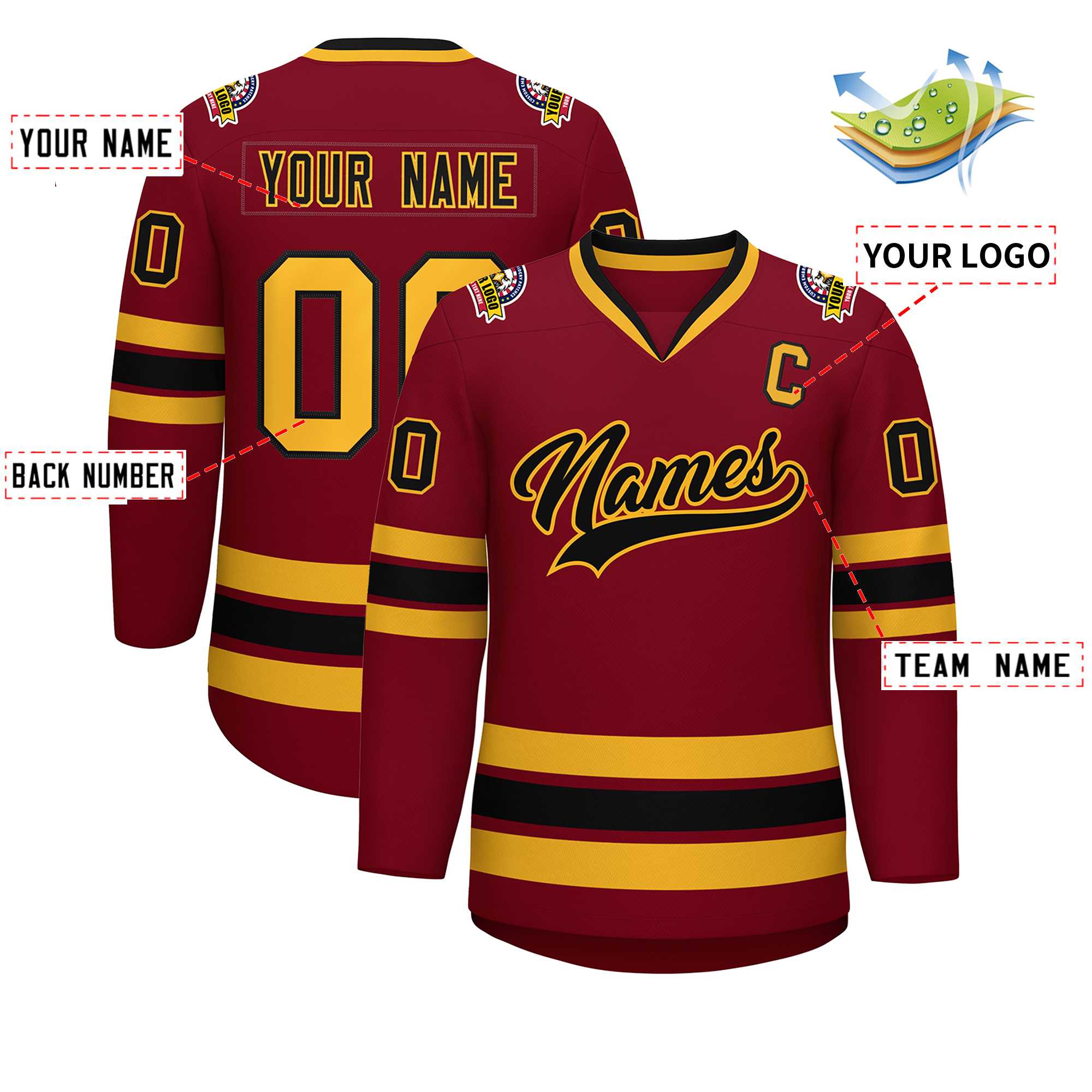 Custom Crimson Black-Gold Classic Style Hockey Jersey | KXKSHOP