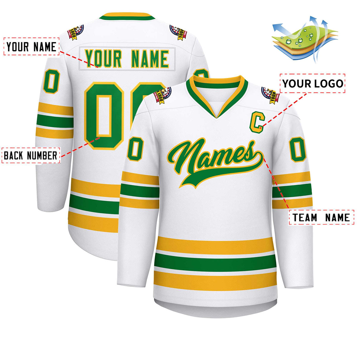 Custom White Kelly Green-Gold Classic Style Hockey Jersey | KXKSHOP