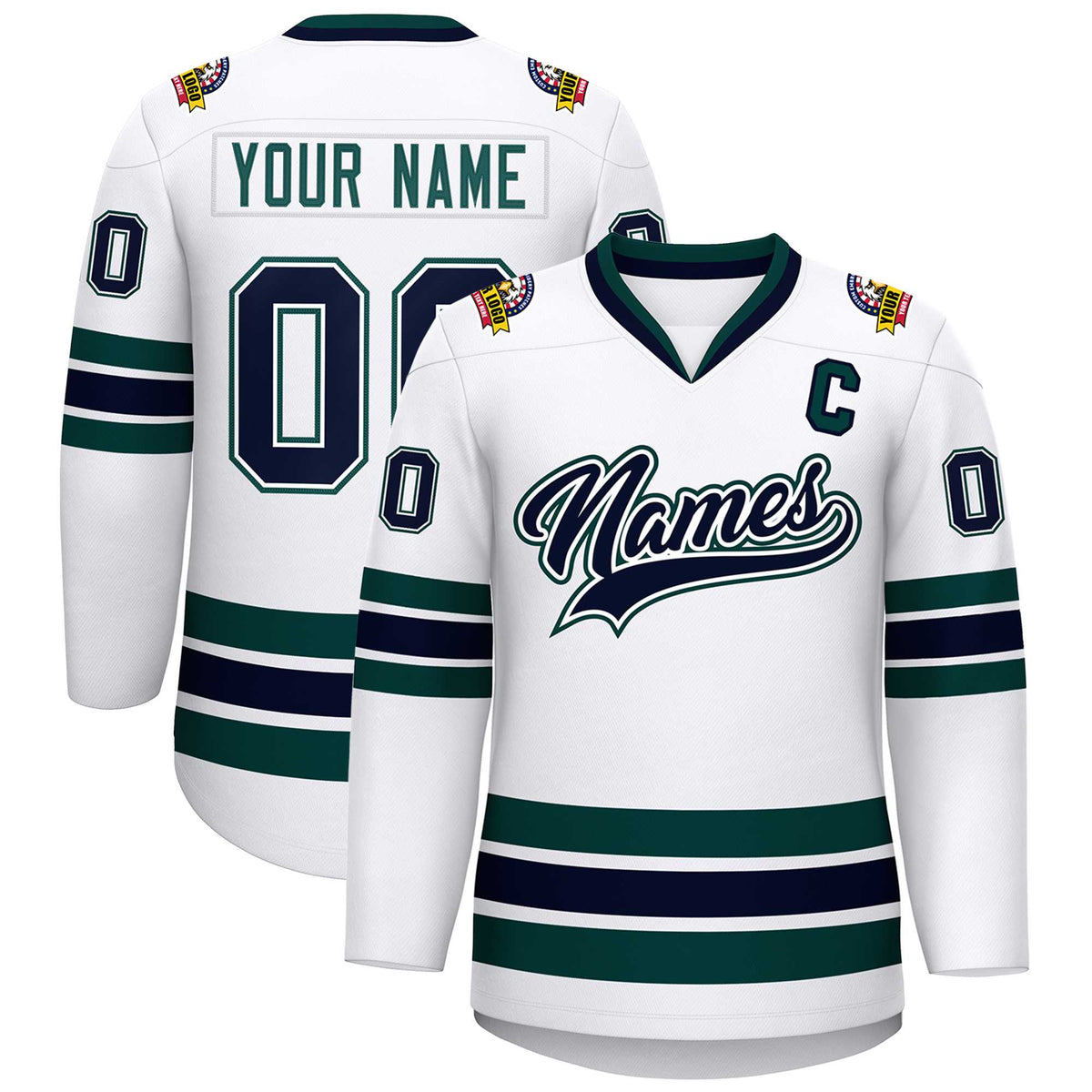 Custom White Navy White-Midnight Green Classic Style Hockey Jersey | KXKSHOP