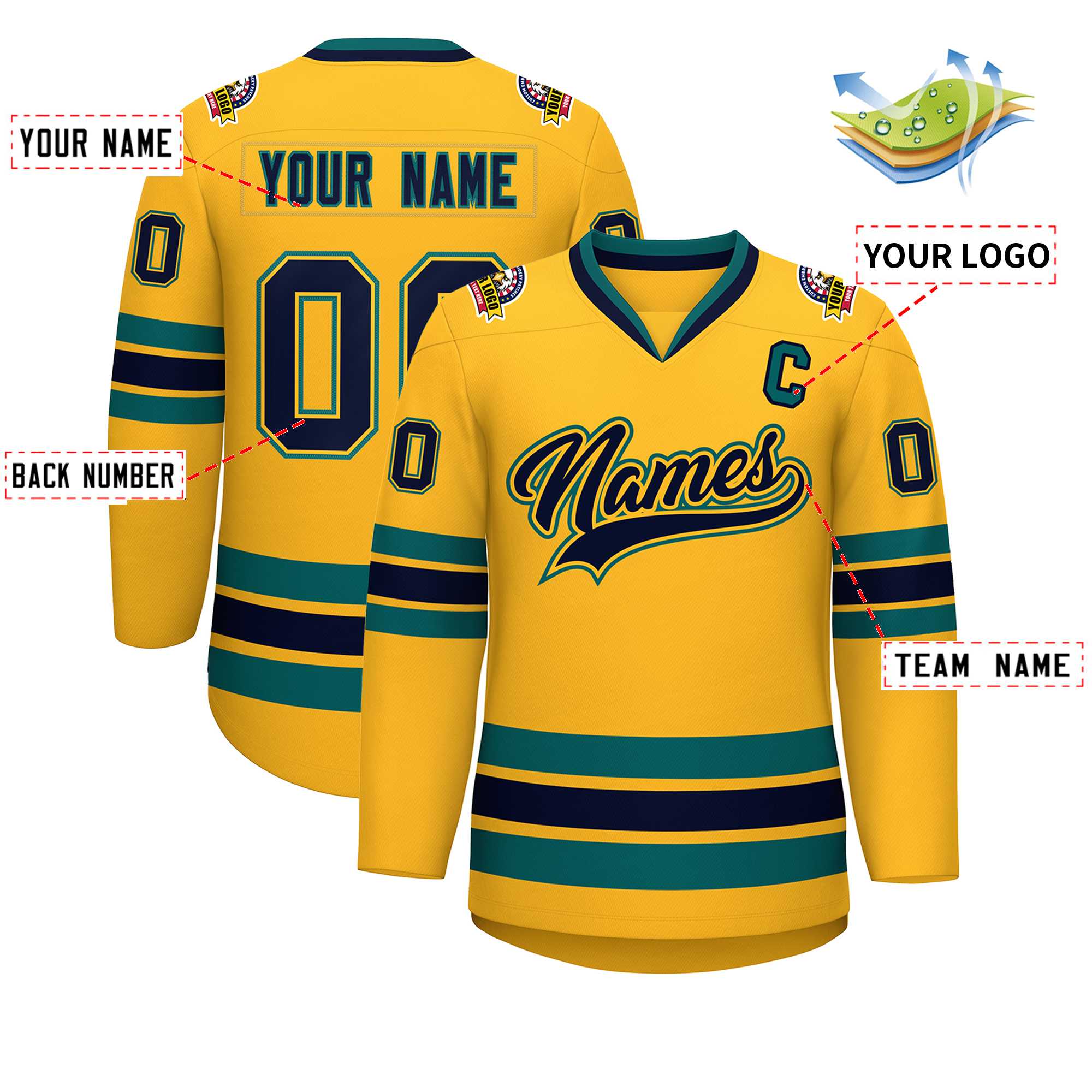 Custom Gold Navy Gold-Aqua Classic Style Hockey Jersey | KXKSHOP