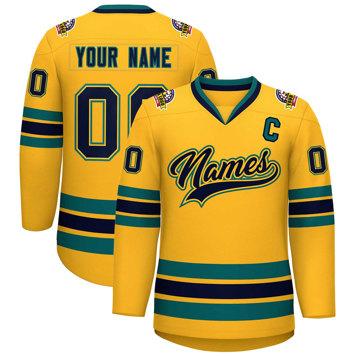Custom Gold Navy Gold-Aqua Classic Style Hockey Jersey | KXKSHOP
