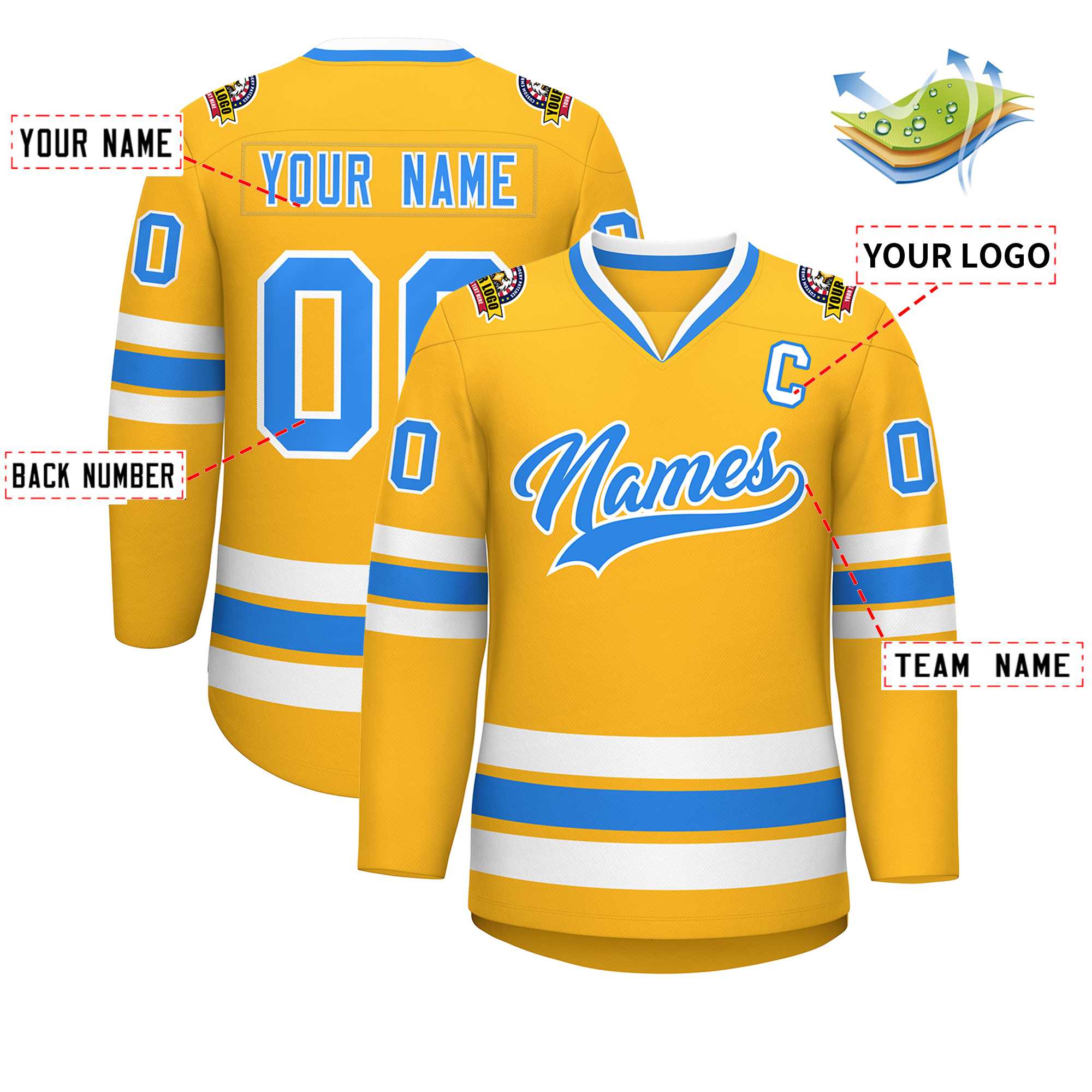 Custom Gold Powder Blue-White Classic Style Hockey Jersey | KXKSHOP