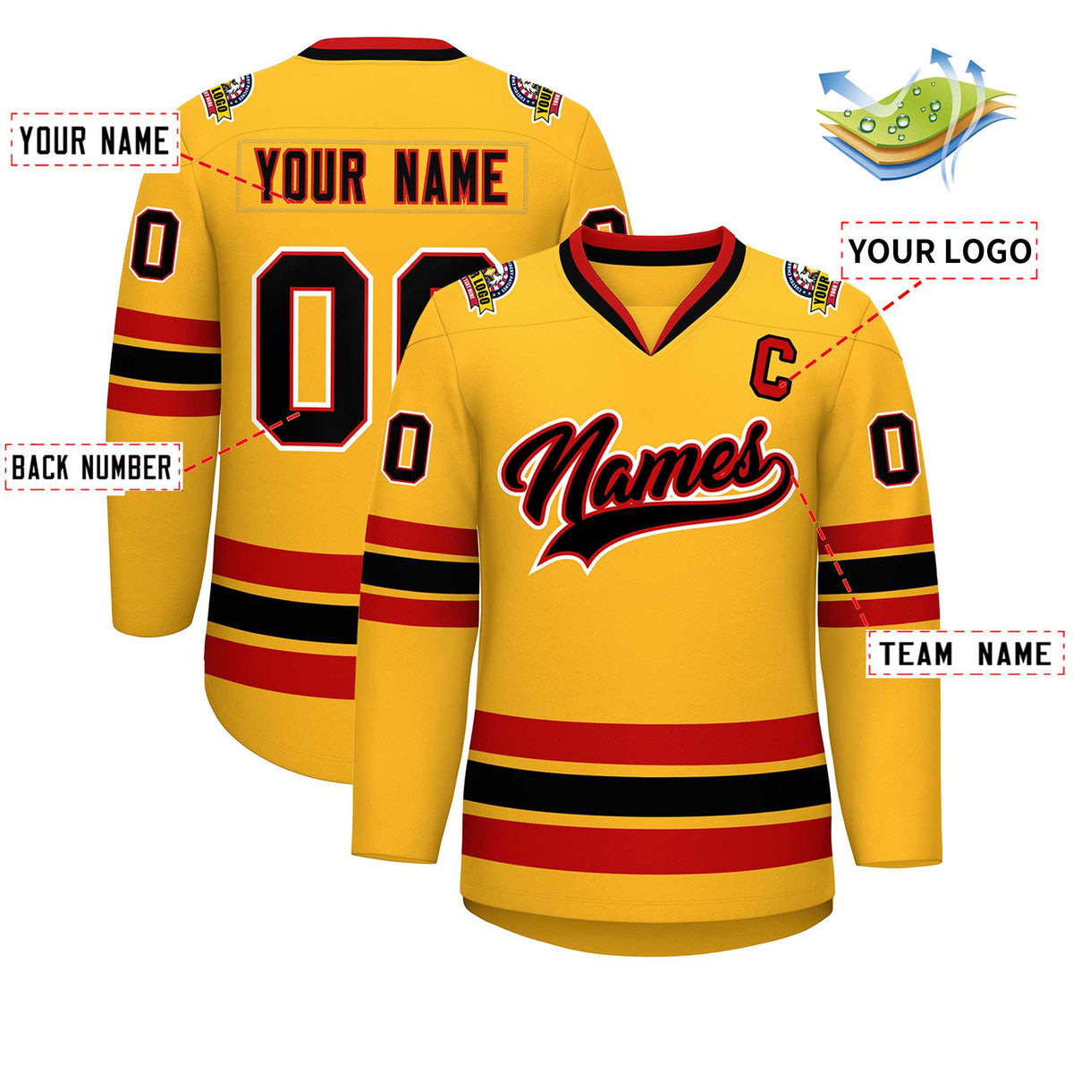 Custom Gold Black Red-White Classic Style Hockey Jersey | KXKSHOP