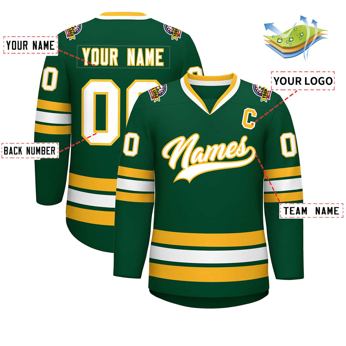 Custom Green White-Gold Classic Style Hockey Jersey | KXKSHOP