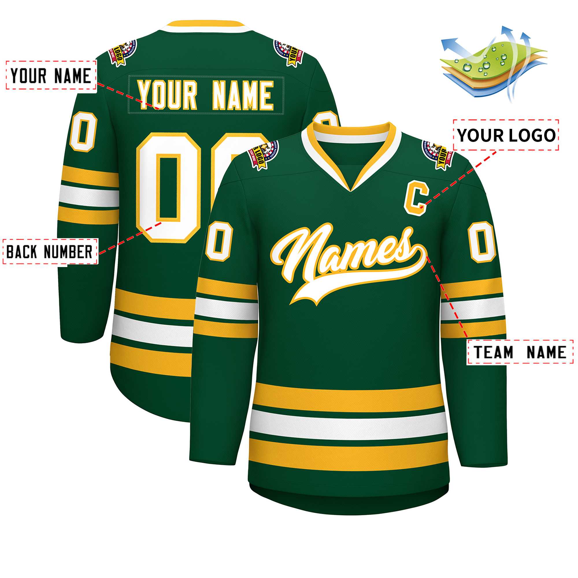 Custom Green White-Gold Classic Style Hockey Jersey | KXKSHOP