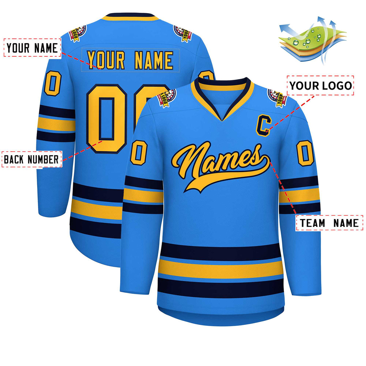 Custom Powder Blue Gold-Navy Classic Style Hockey Jersey | KXKSHOP