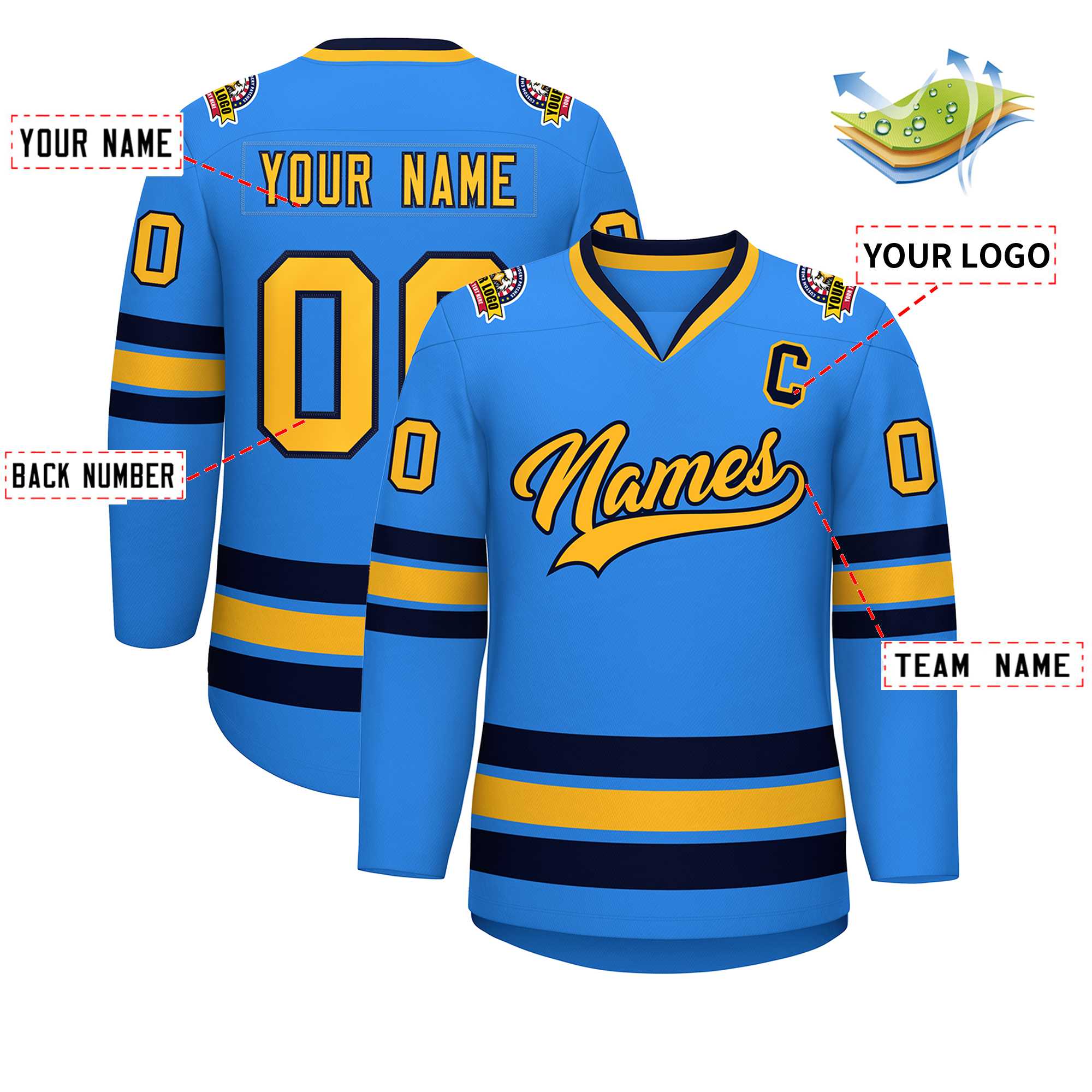 Custom Powder Blue Gold-Navy Classic Style Hockey Jersey | KXKSHOP