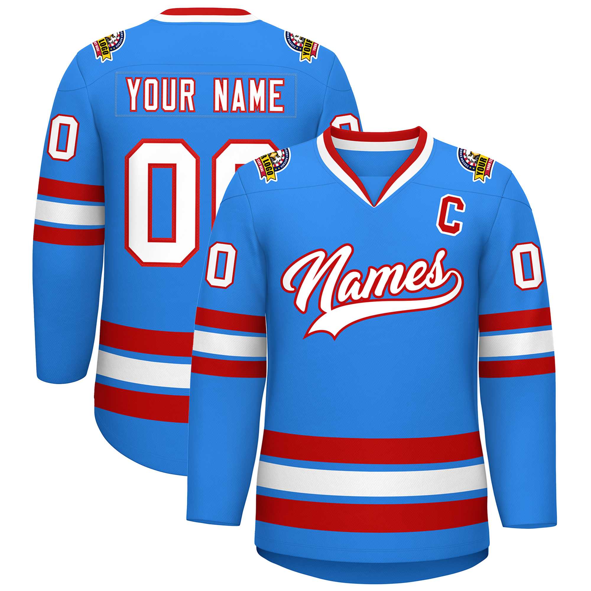 Custom Powder Blue White-Red Classic Style Hockey Jersey | KXKSHOP