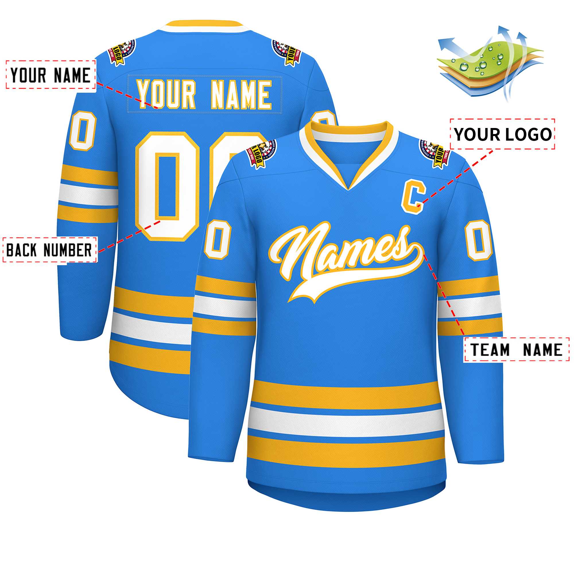 Custom Powder Blue White-Gold Classic Style Hockey Jersey | KXKSHOP
