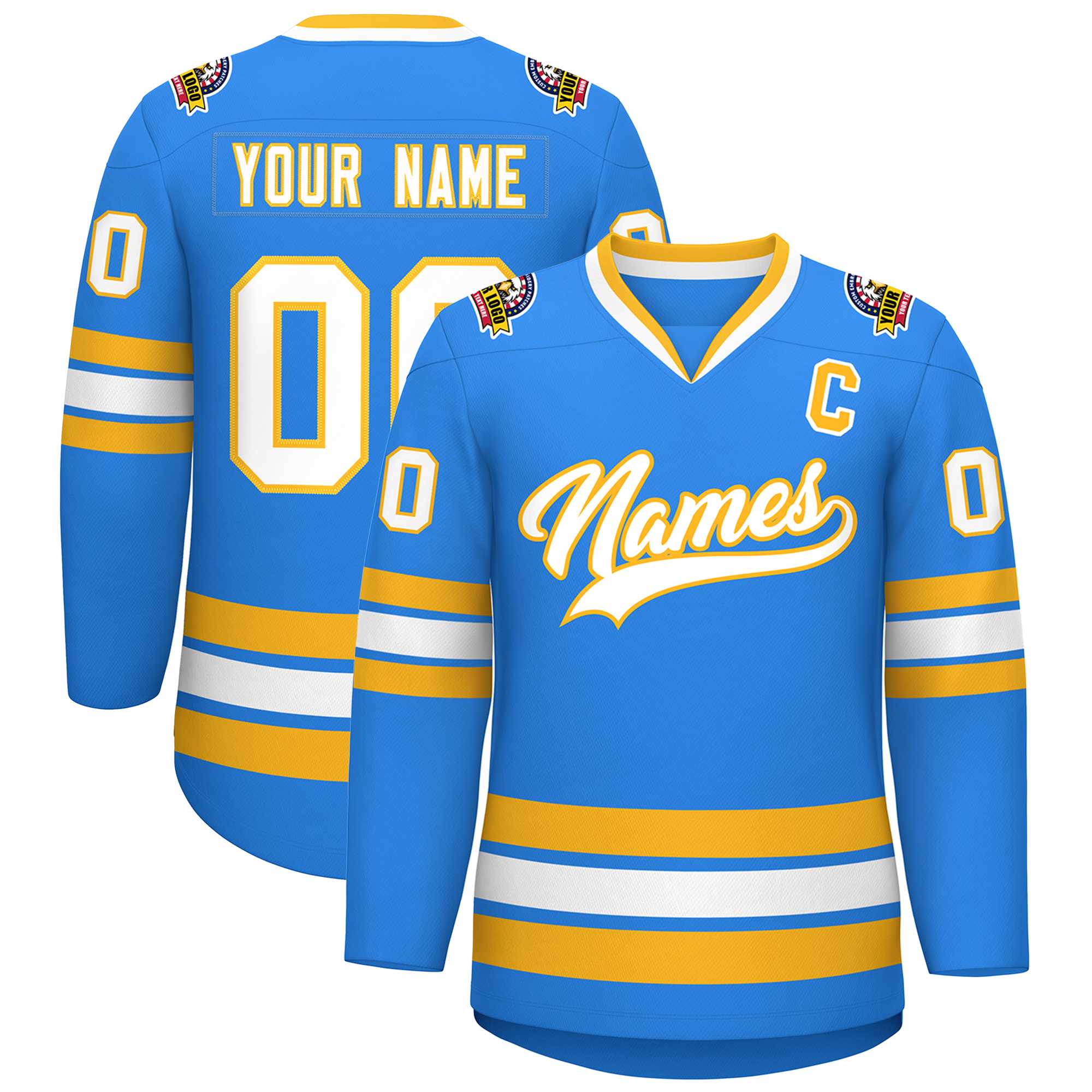 Custom Powder Blue White-Gold Classic Style Hockey Jersey | KXKSHOP