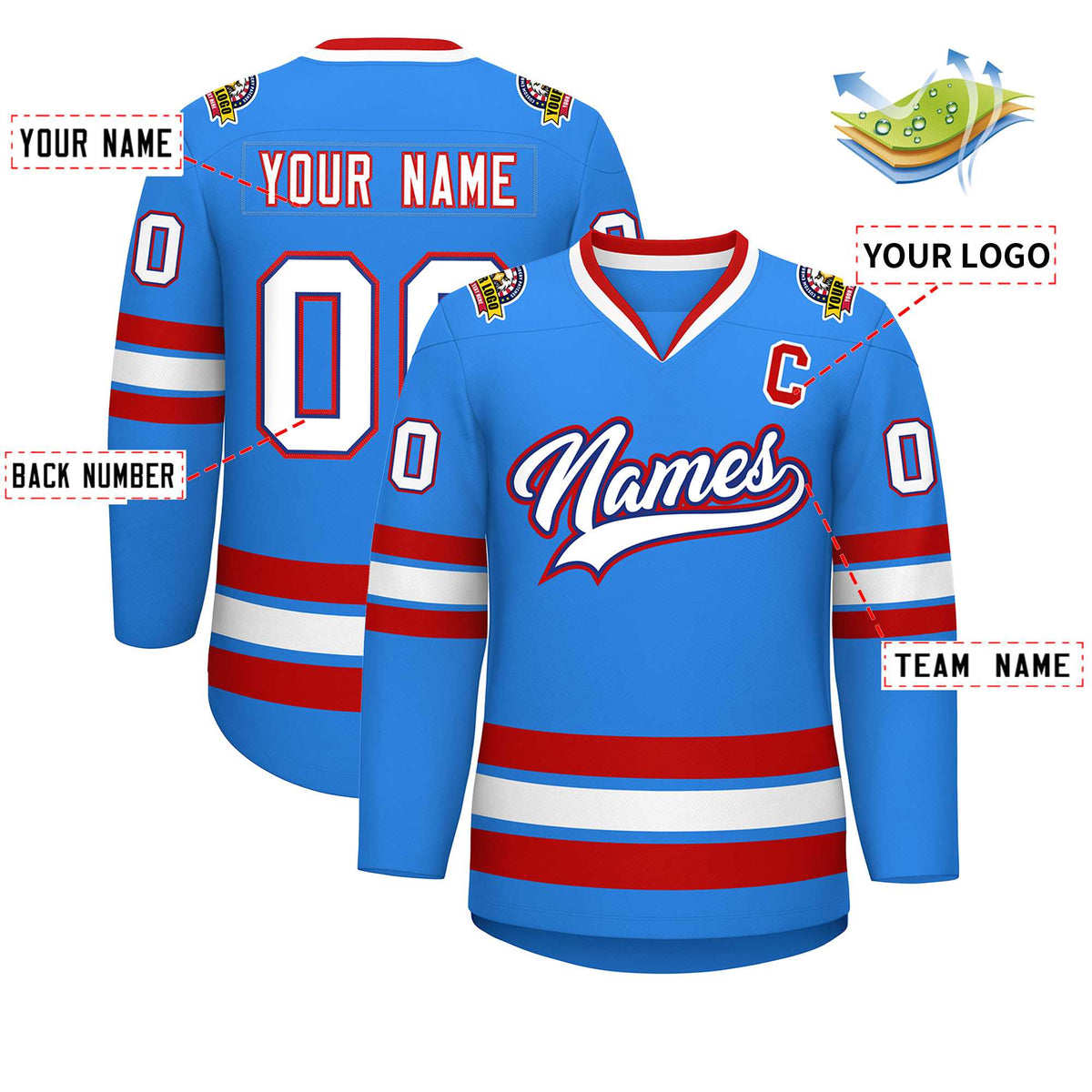 Custom Powder Blue White Royal-Red Classic Style Hockey Jersey | KXKSHOP