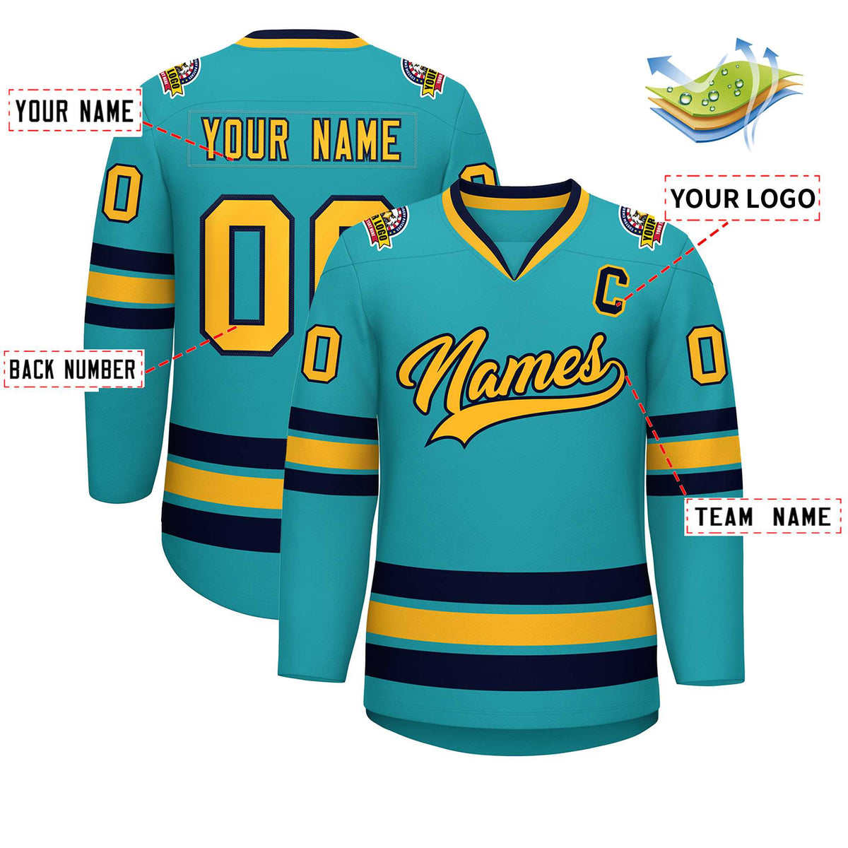 Custom Aqua Gold-Navy Classic Style Hockey Jersey | KXKSHOP