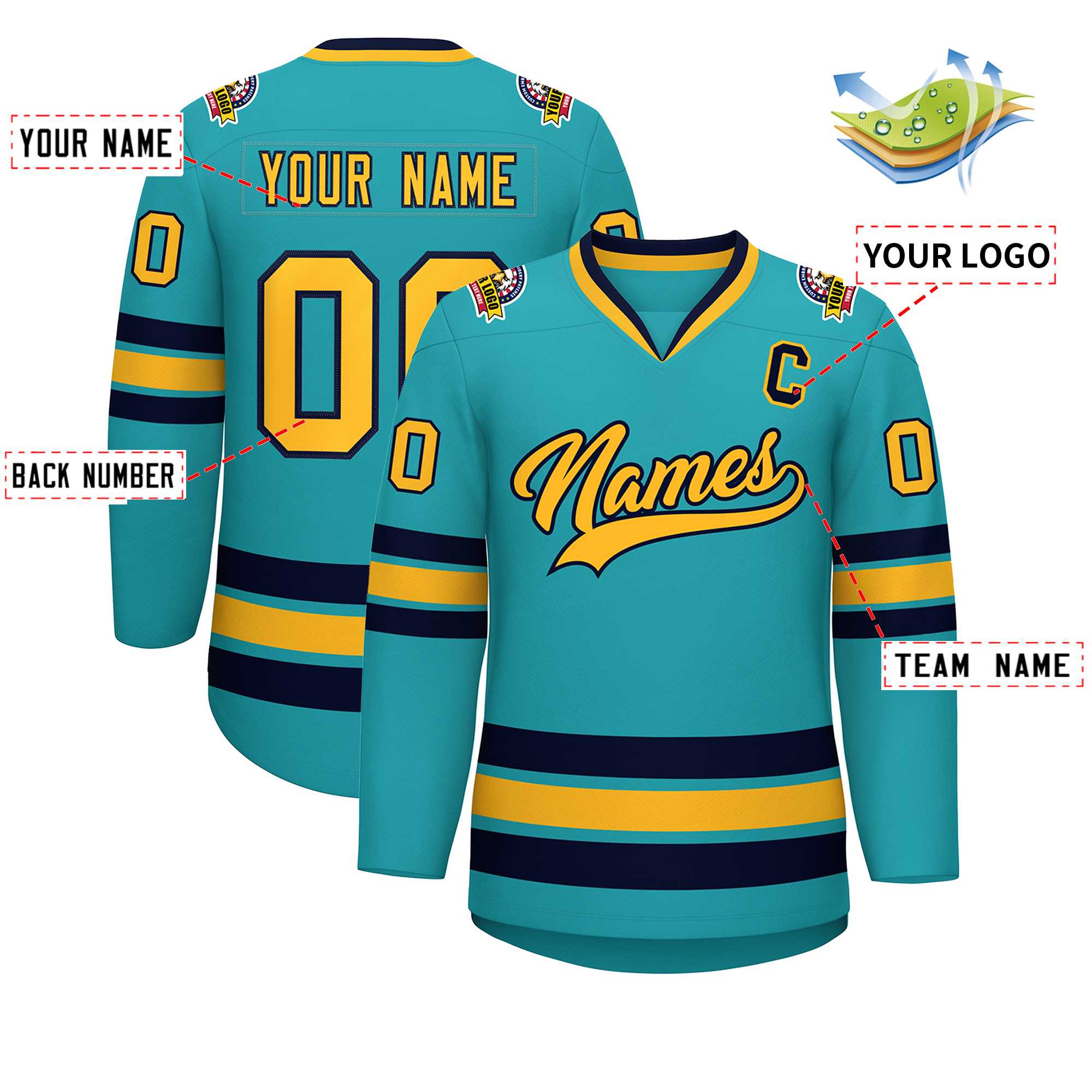 Custom Aqua Gold-Navy Classic Style Hockey Jersey | KXKSHOP